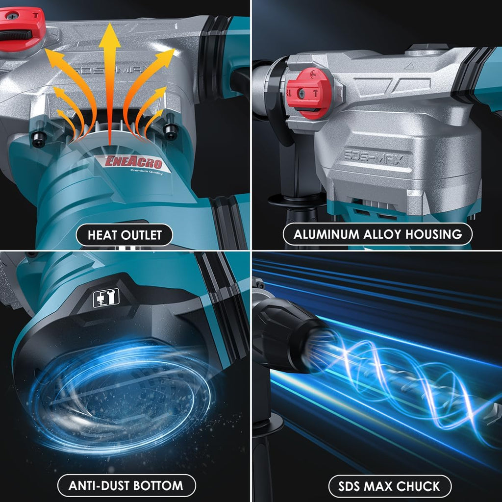 ENEACRO SDS-Max Heavy-Duty Rotary Hammer Drill 9 Ft.lbs, 3 Functions with Safety Clutch & Vibration Control 1-9/16' Drilling Capacity in Concrete– Includes Chisel, Drill Bit, and Tool Bag
