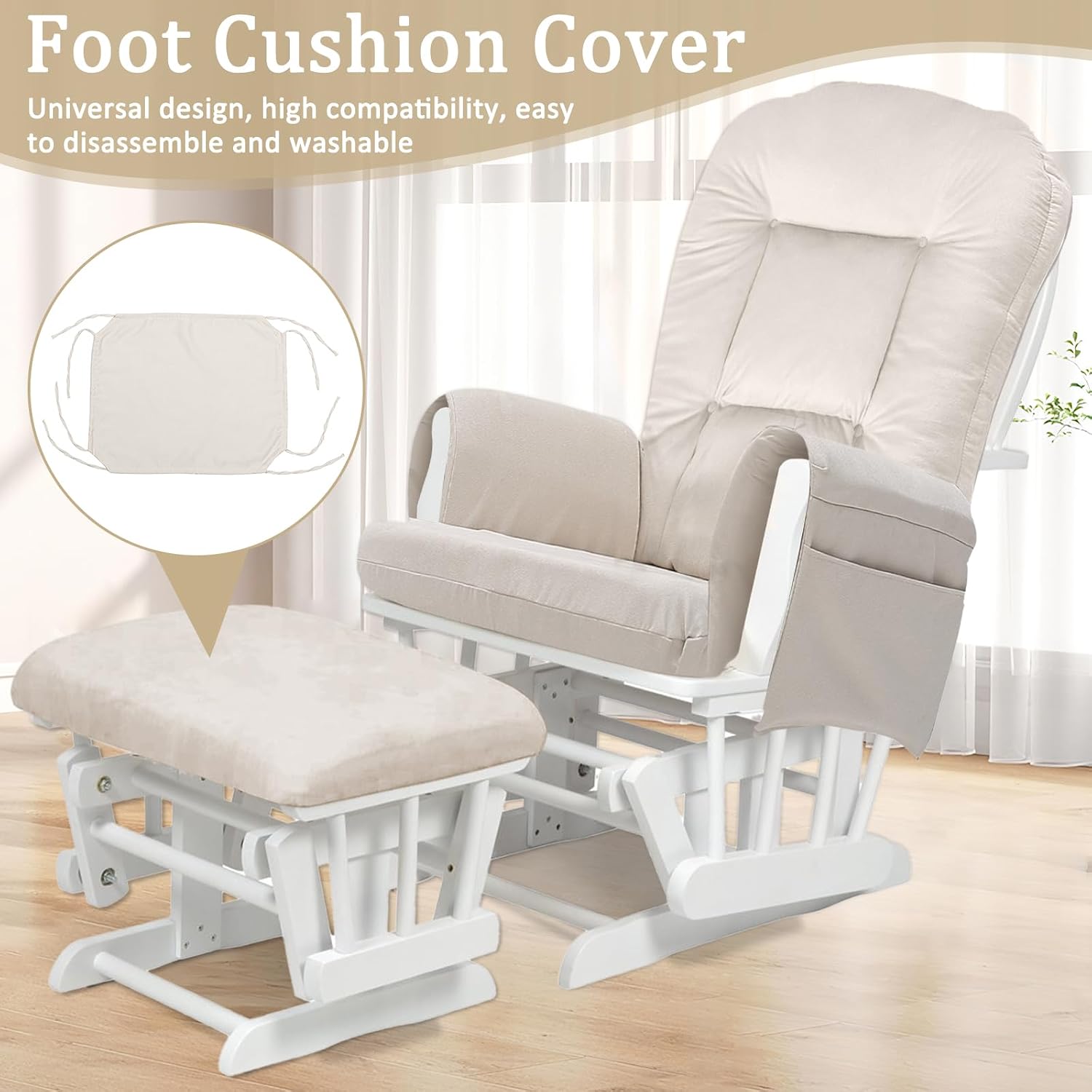 BECHAEO 5PCS Velvet Glider Rocker Replacement Cushions with Ottoman Cover Soft Thicken Rocking Chair Cushion Set for Indoor Nursery Glider Rocking Chair, Beige