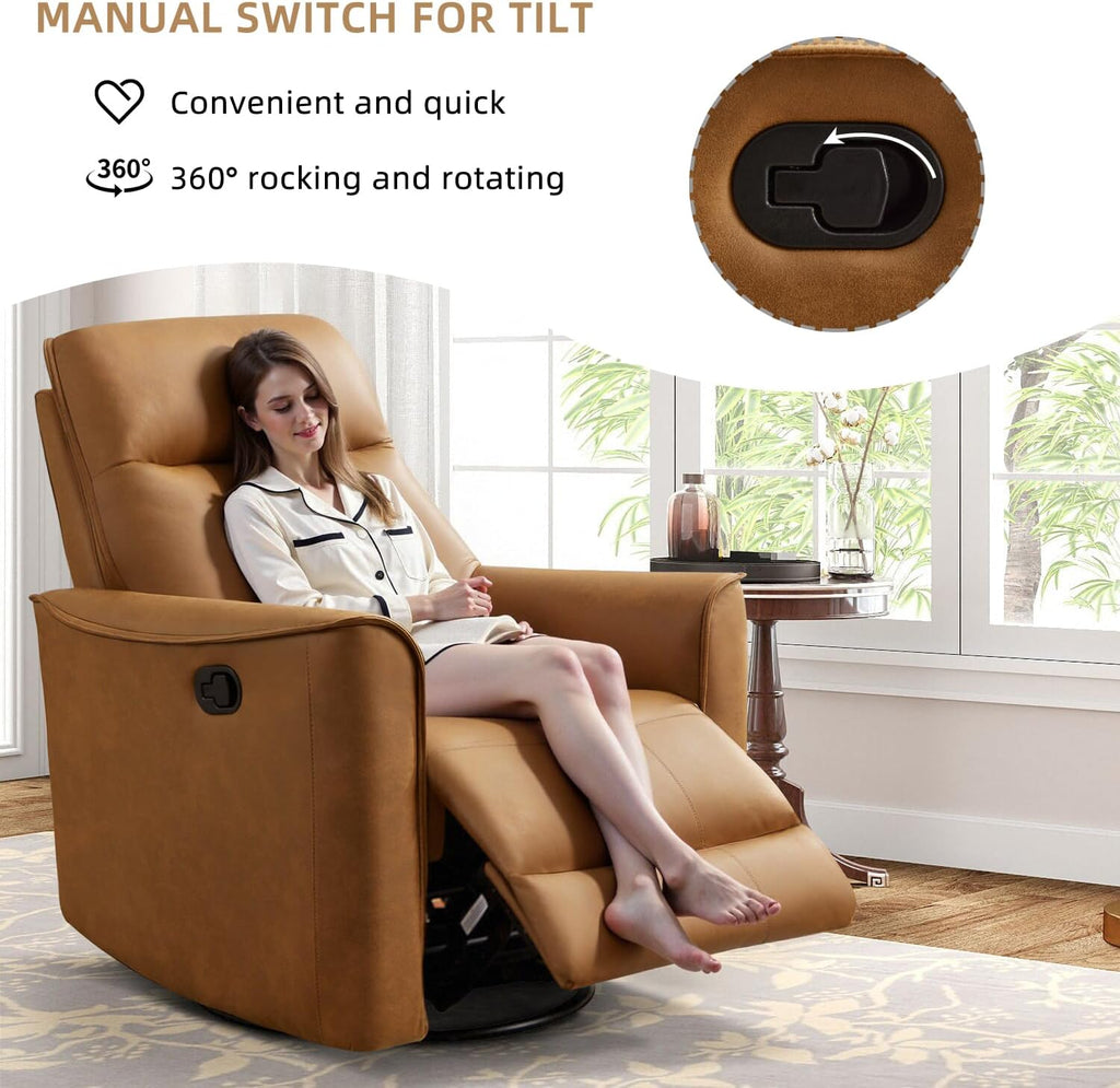 CANMOV Swivel Rocker Recliner Set of 2, Glider Rocking Chair, Nursing Chairs Swivel Glider Recliners with Soft Backrest, Leathaire Manual Reclining Sofa for Living Room Bedroom Apartment, Brown