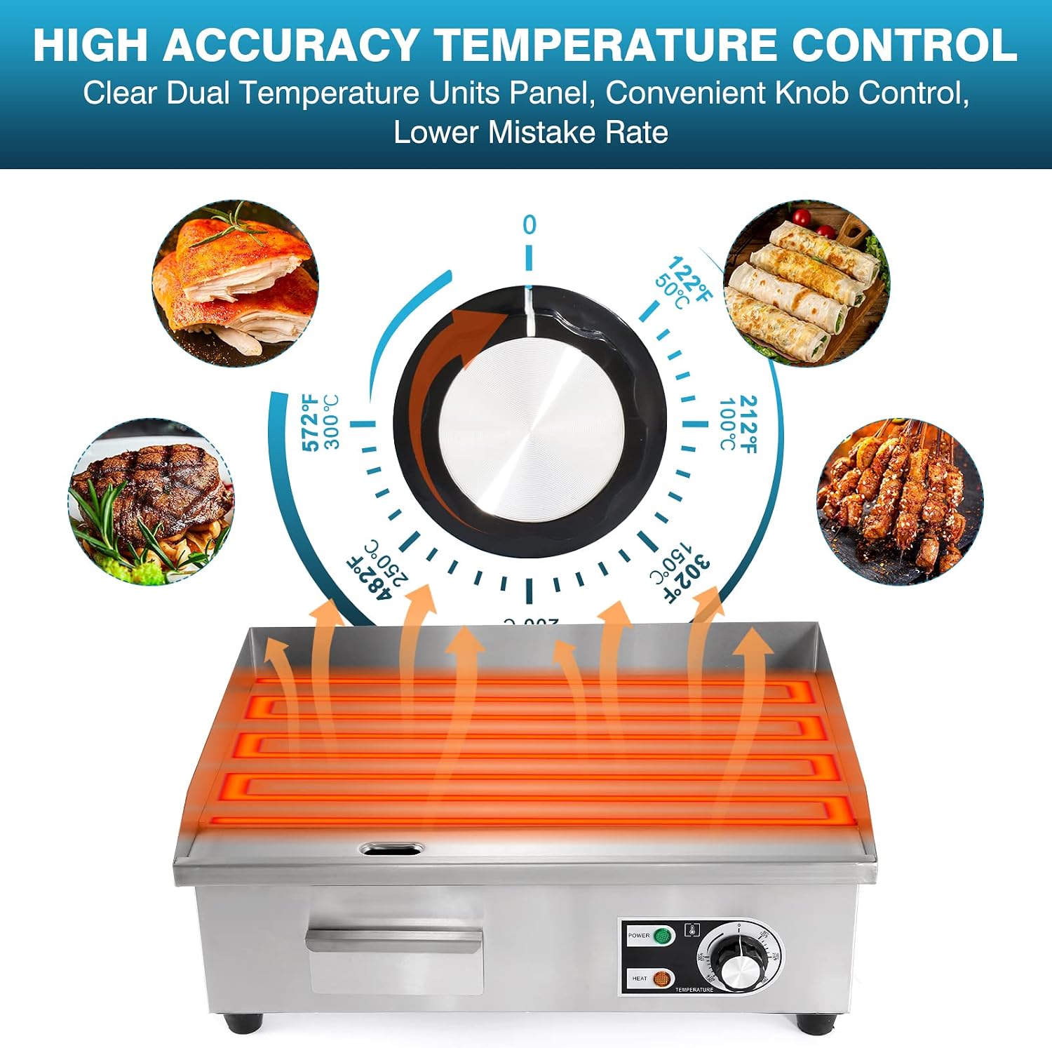 IRONWALLS Commercial Electric Griddle 22', 3000W Electric Flat Top Griddle Grill Indoor with 122~572℉ Adjustable Temperature Control, Non-stick Stainless Steel Teppanyaki Grill for Restaurant, Hotel