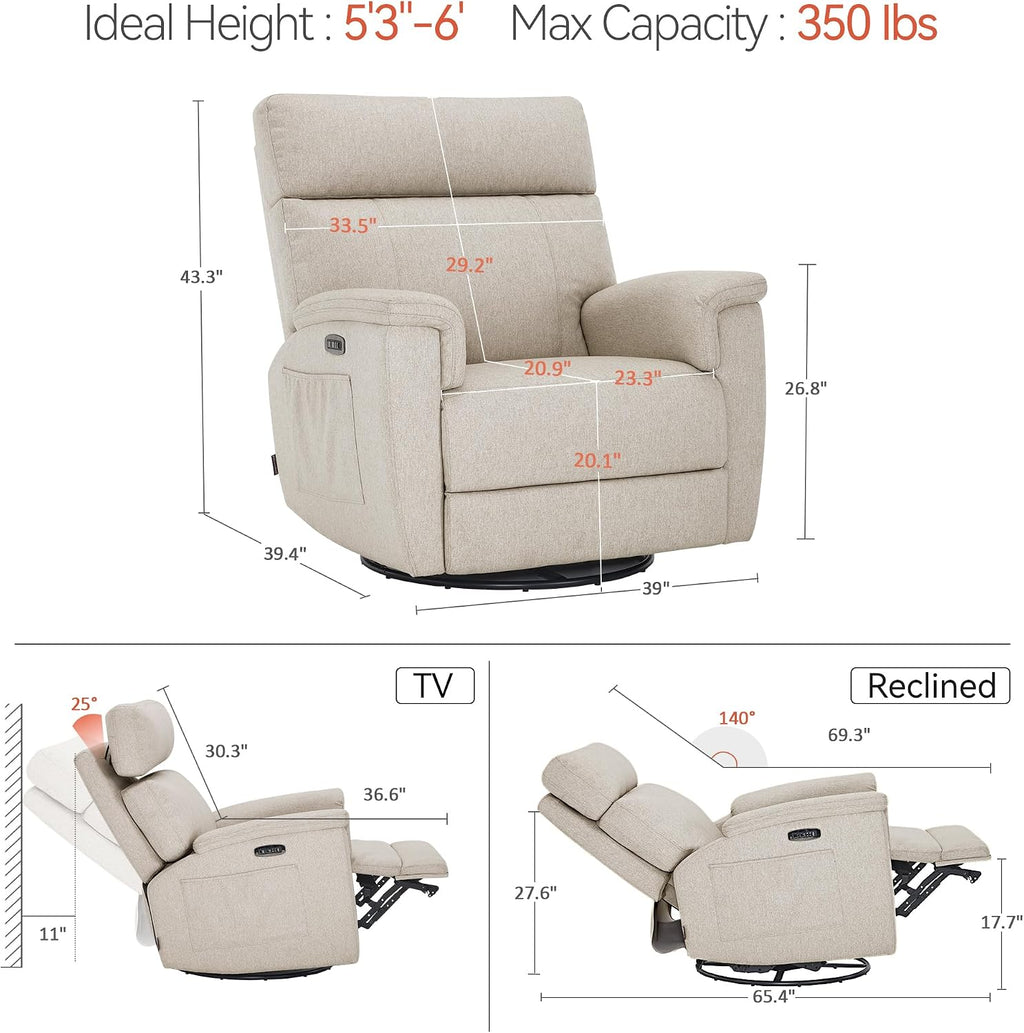 MCombo Oversized Swivel Glider Rocker Recliner with Adjustable Headrest, Dual Motor Power Recliner for Nursery, Led Nightlight, Fabric PR601 (Beige)