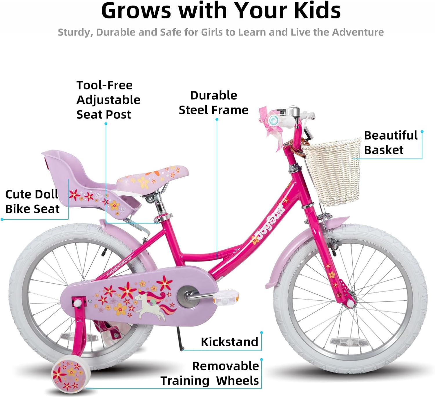 JOYSTAR Unicorn Kids Bike for Girls Ages 2-9 Years Old, 12 14 16 18 Inch Kids Bike with Training Wheels, Doll Seat, Streamers and Basket, Toddler Girl Bicycle, Multiple Colors