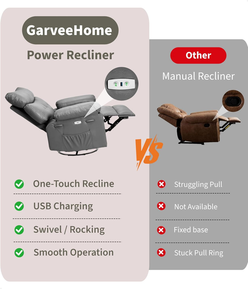 GarveeHome Oversized Power Rocker Swivel Recliner Chair - Heat and Massage, PU Leather Electric Glider Rocking Chair with USB Port, Glider Recliner Nursery Chair for Living Room, Bedroom, Nursery