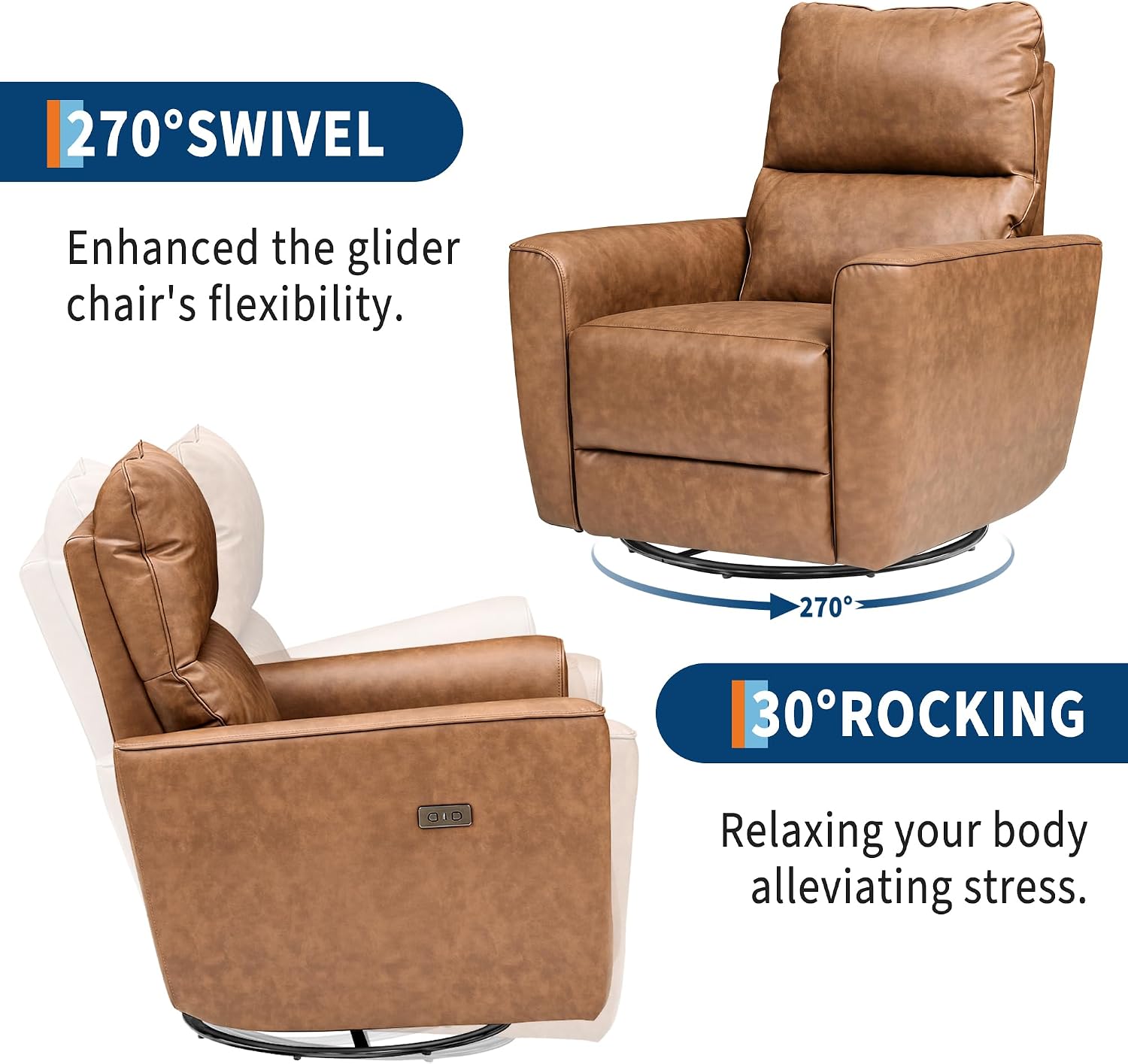 IDEALHOUSE Swivel Rocking Nursery Recliner Chair Rocker Recliner Glider Deep Seat PU Leather Sofa Chair with high Backrest for Nursery, Living Room, Bedroom & Home Movie Theater (Camel)