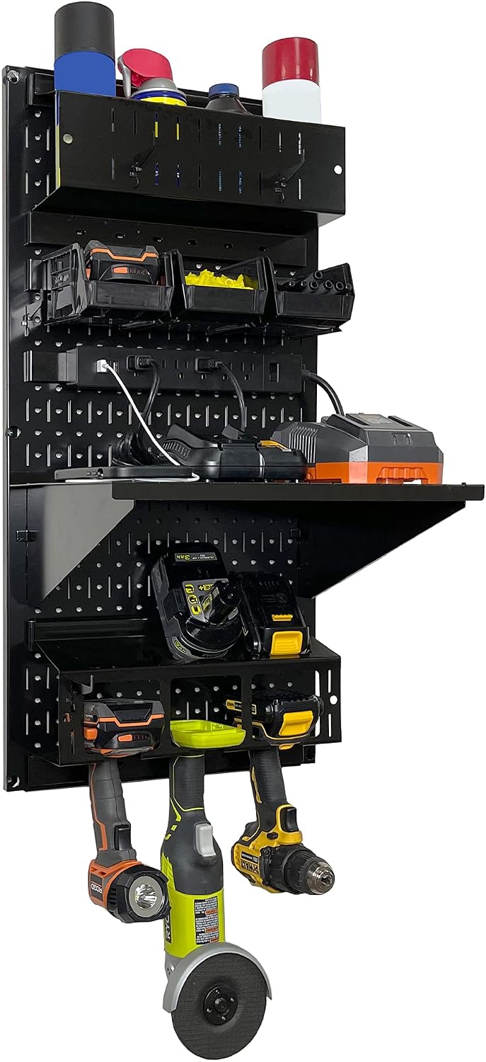 Wall Control Power Tool Storage Organizer Kit Cordless Drill Holder Charging Station Rack 16' x 32' Metal Pegboard Organization System (Black Pegboard)