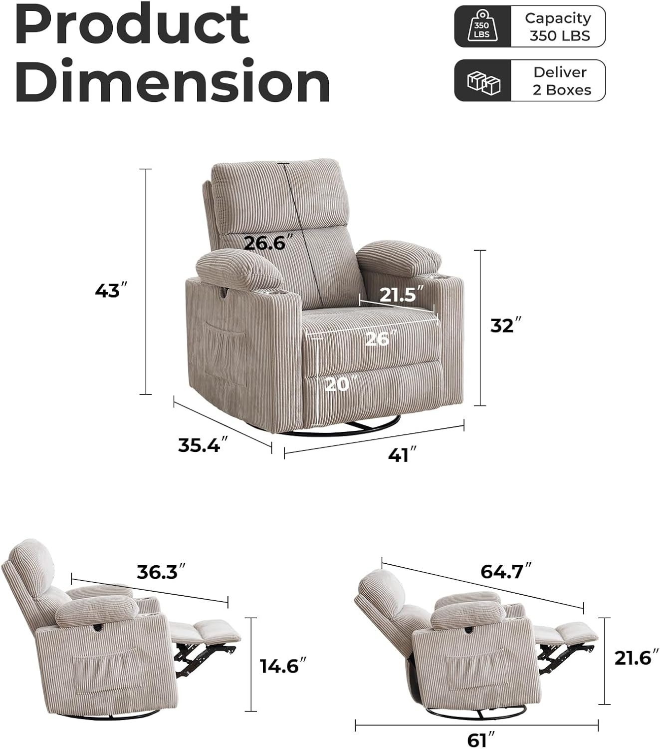 Rocking Chair Nursery with Adjustable Armrests, Electric Glider Recliner Nursing Chair for Breastfeeding, Power Swivel Recliner Chairs with Massage and Heat, Adjustable Headrest, Corduroy Grey