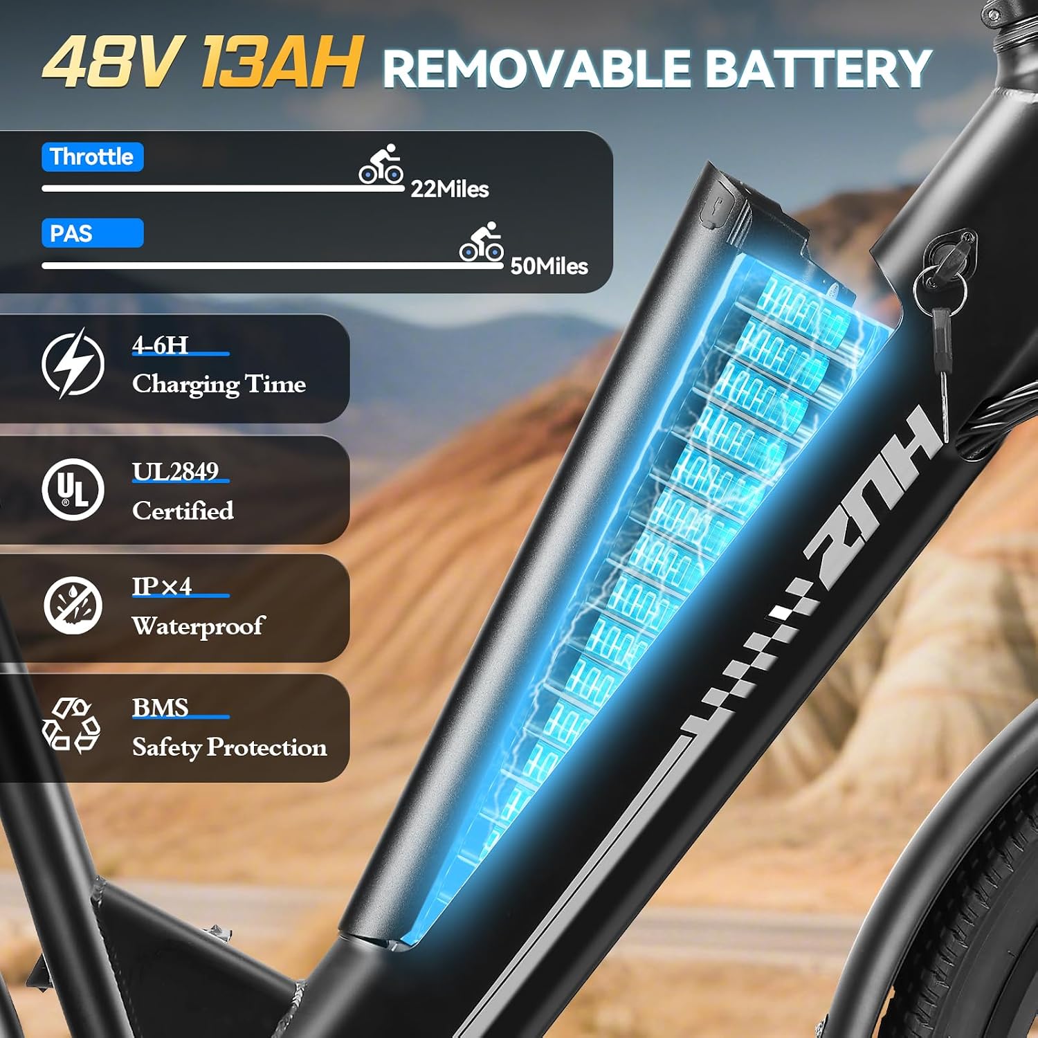 ZNH 750W Electric Bike for Adults, 48V 13Ah Removable Battery, 26' x 1.95' Fat Tire E-Bike, Up to 50 Miles, 7-Speed Shimano, Hydraulic Suspension, LCD Display, UL2849 Certified, TUV