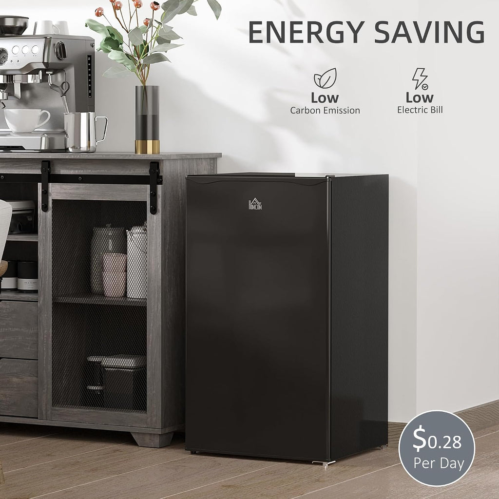 HOMCOM 3.2 Cu.Ft Mini Fridge with Freezer, Compact Refrigerator with Adjustable Thermostat, Shelf and Single Reversible Door for Bedroom, Dorm, Home Office, Energy Efficient, Black