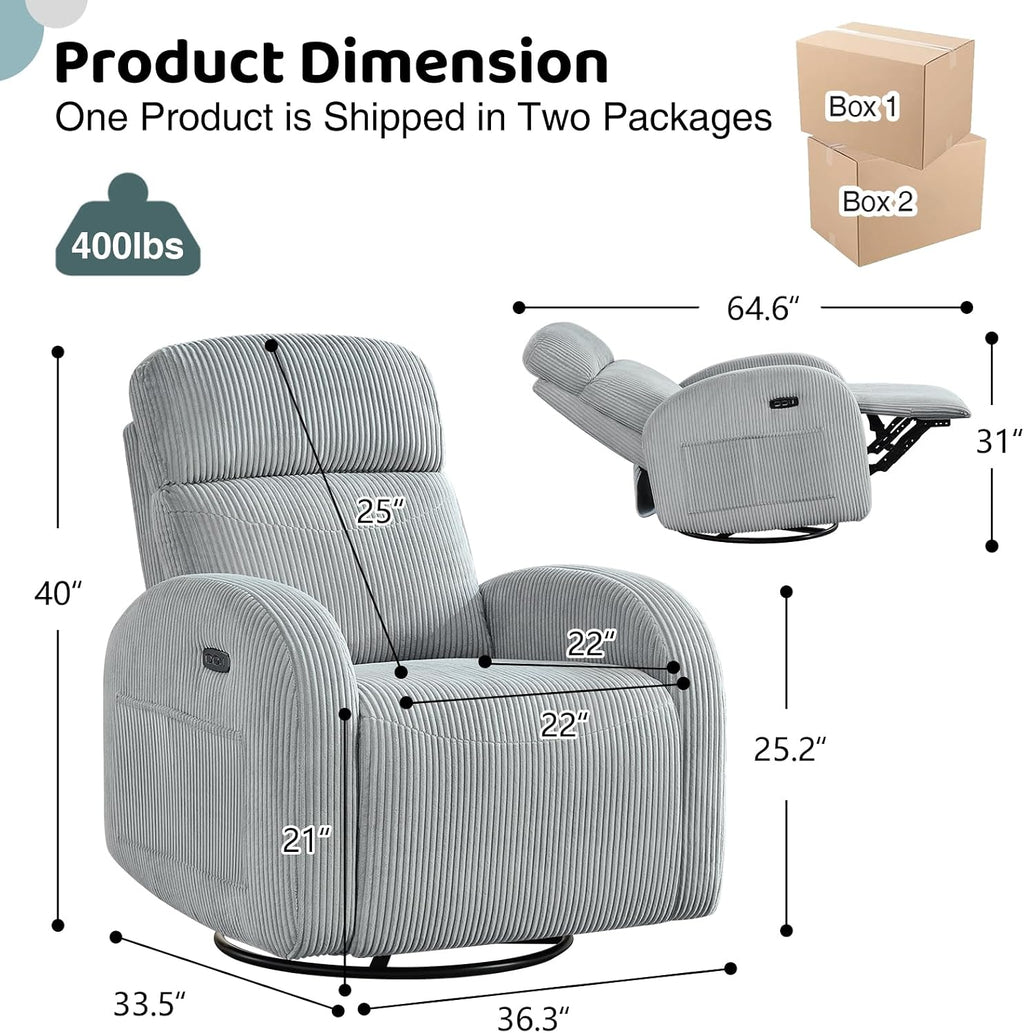 Power Nursery Glider Recliner, Swivel Glider Recliner with USB & Type-C Port, Swivel Reclining Nursery Rocker with Double Pockets for Living Room, Grey,Corduroy
