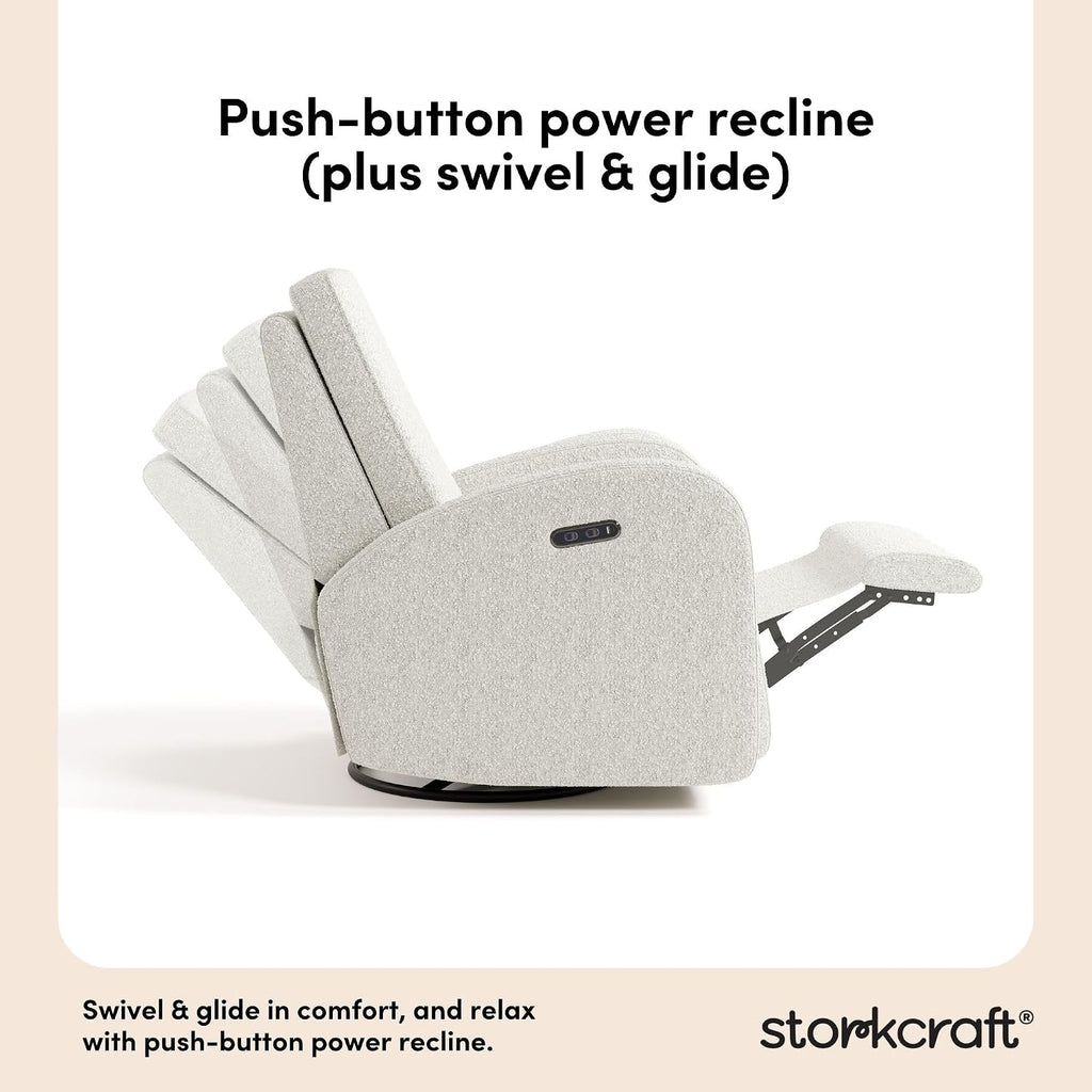 Storkcraft Santa Monica Power Recliner Swivel Glider (Ivory Boucle) – Effortless Electronic Power Recline, USB-A & USB-C Charger