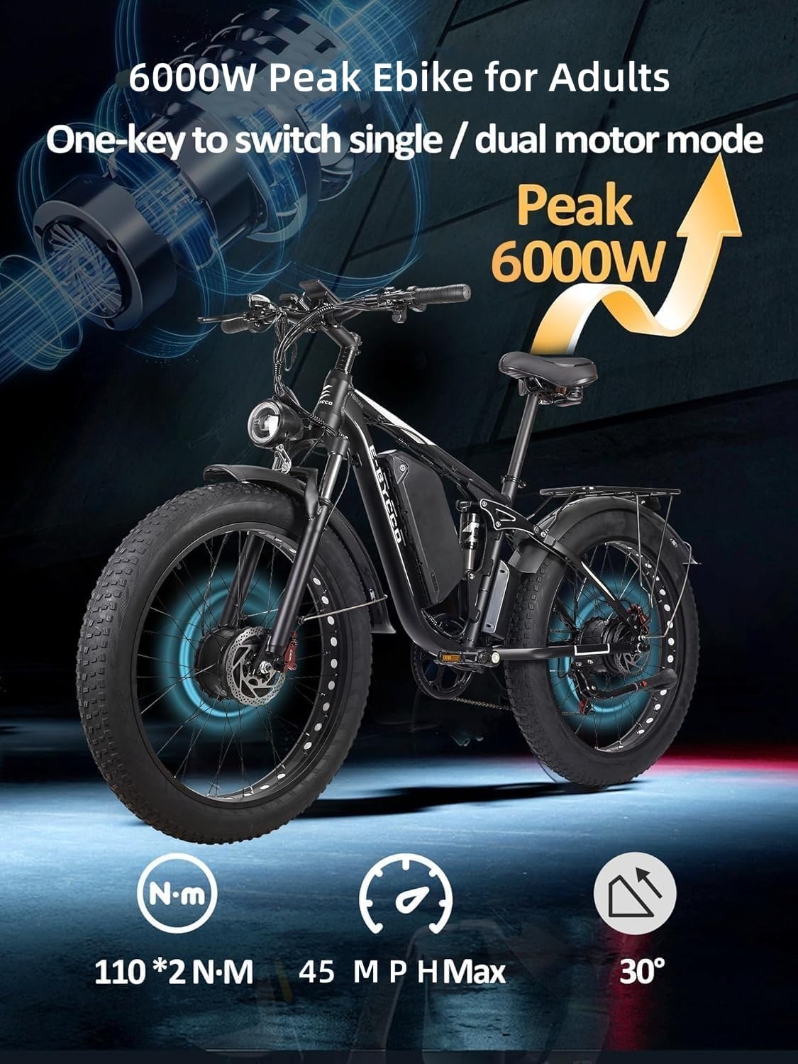 6000W Peak Electric Bike for Adults, 52V 32AH Dual Motor E-Bike, Up to 90Mile & 45 M P H All-Terrain Fat Tires Full Suspension 24/26 Inch Electric Bicycles Hydraulic Disc Brake for Road UL2849 by SGS