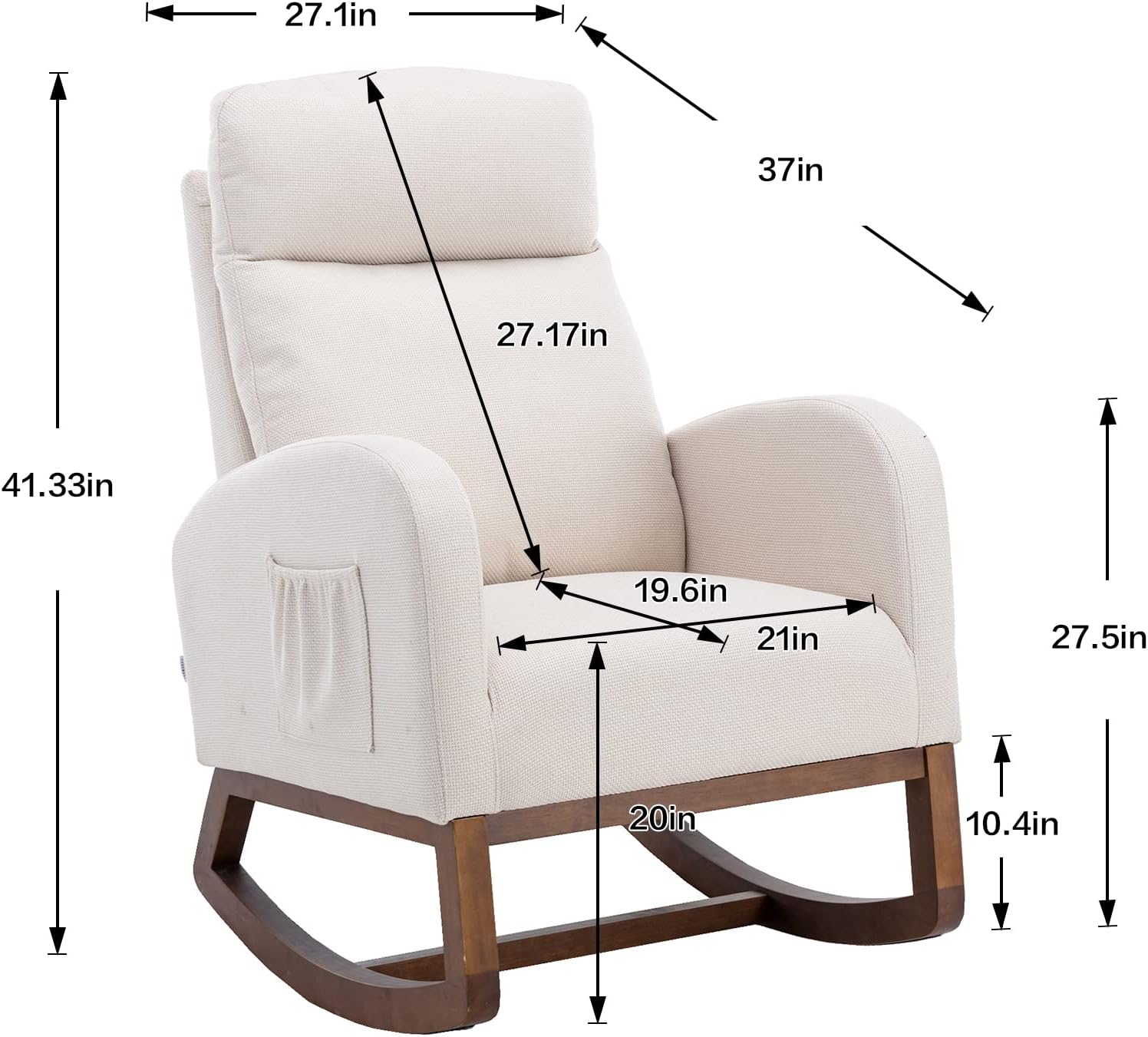 Modern Rocking Chair with Breathable Yellow Linen & Solid Wood Legs - Recliner Glider Armchair Featuring Side Pocket, High Back Support for Nursery, Living Room, Bedroom (Beige)