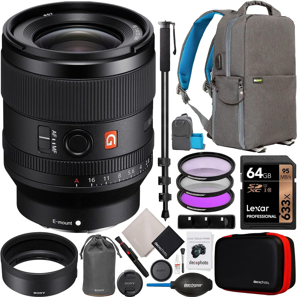 Sony FE 35mm F1.4 GM Full Frame Large Aperture G Master Lens SEL35F14GM for E-Mount Mirrorless Cameras Bundle with Deco Gear Backpack Case + 67mm UV/Polarizer/FLD Filter Kit + Monopod and Accessories