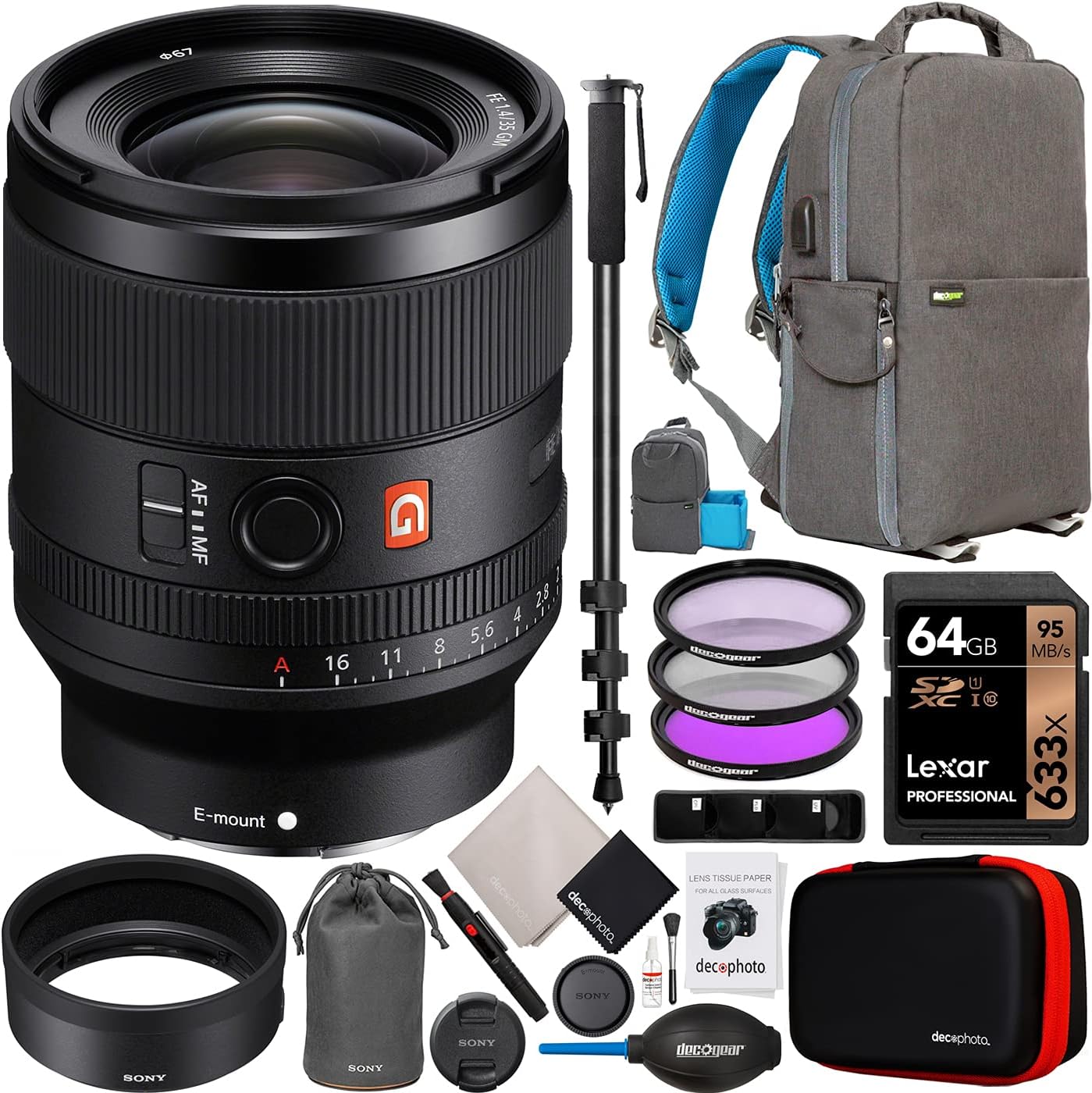 Sony FE 35mm F1.4 GM Full Frame Large Aperture G Master Lens SEL35F14GM for E-Mount Mirrorless Cameras Bundle with Deco Gear Backpack Case + 67mm UV/Polarizer/FLD Filter Kit + Monopod and Accessories
