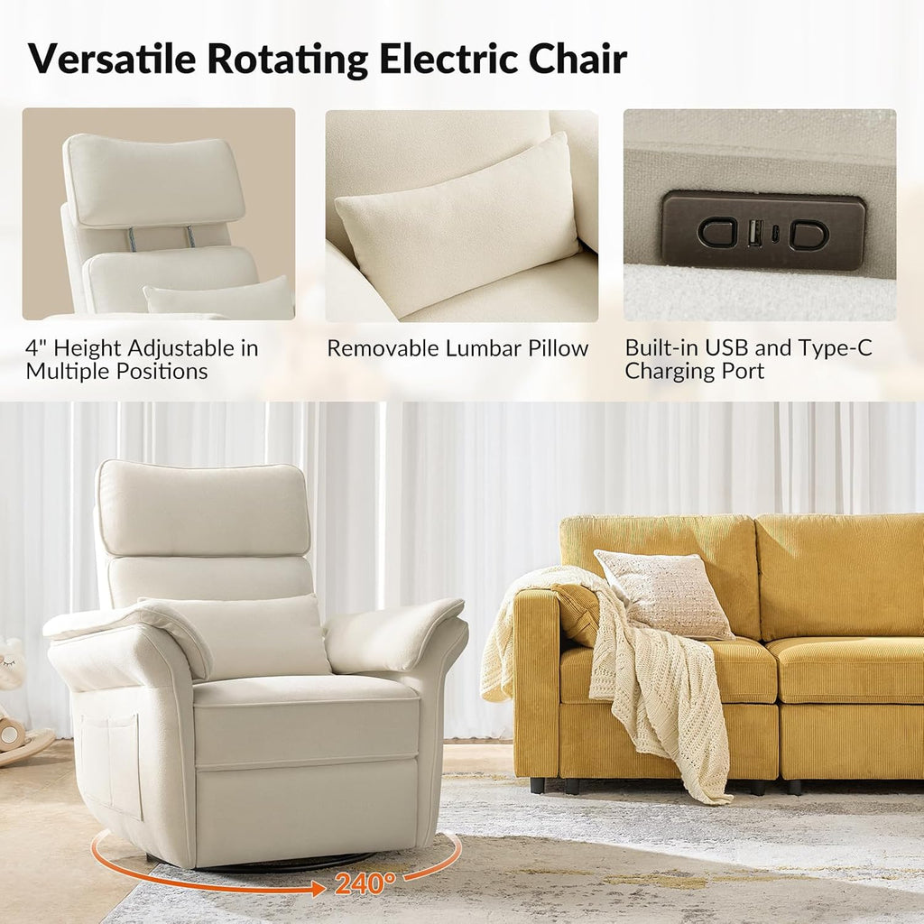 HULALA HOME Nursery Glider Recliner with Adjustable Headrest and Armrests, Power Swivel Rocker Recliner Chair with USB Port and Storage Bags, GREENGARD, FSC, CertiPUR-US® Certified, Beige