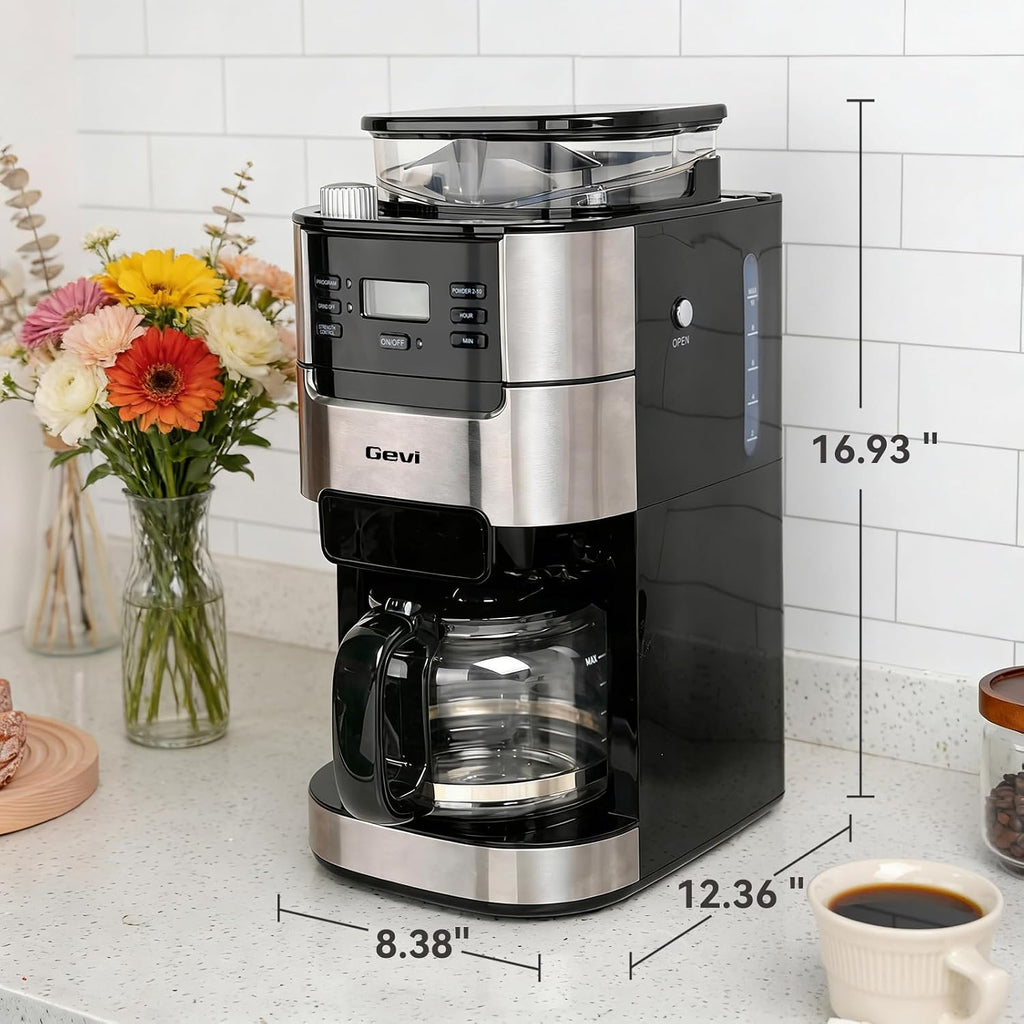 Gevi 10-Cup Drip Coffee Maker with Burr Grinder | Programmable Timer, 1.5L Water Tank, Reusable Filter, Warming Plate, All-in-One Brew & Grind Coffee Machine