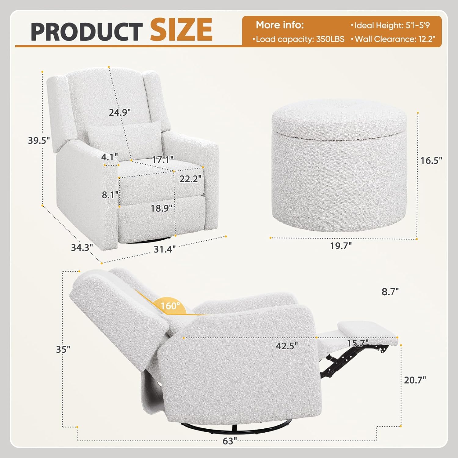 Power Recliner Chair Swivel Glider, Large Rocker Recliner w/USB Charging Port, Boucle Upholstered Swivel Rocker Glider Recliner for Nursery,Bedroom,Living Room, 1PC, Cream