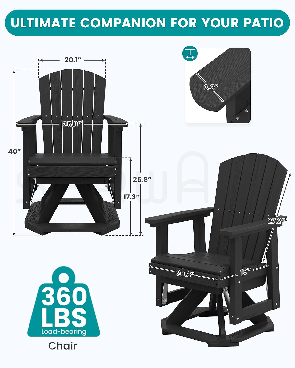 SERWALL Adirondack Swivel Glider Chair, HDPE Glider Set of 2 for Outdoor, All-Weather Glider Chair for Porch, Balcony, Midnight Black
