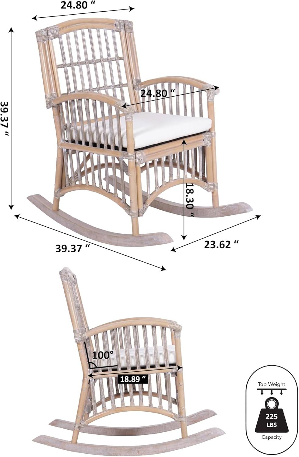 JONATHAN Y RCK200B Swayze Bohemian Farmhouse Woven Rattan/Wood Rocking Chair White Cushion with Gray/White Wash Frame for Home, Living Room, Bedroom, Guestroom, Foyer, Library