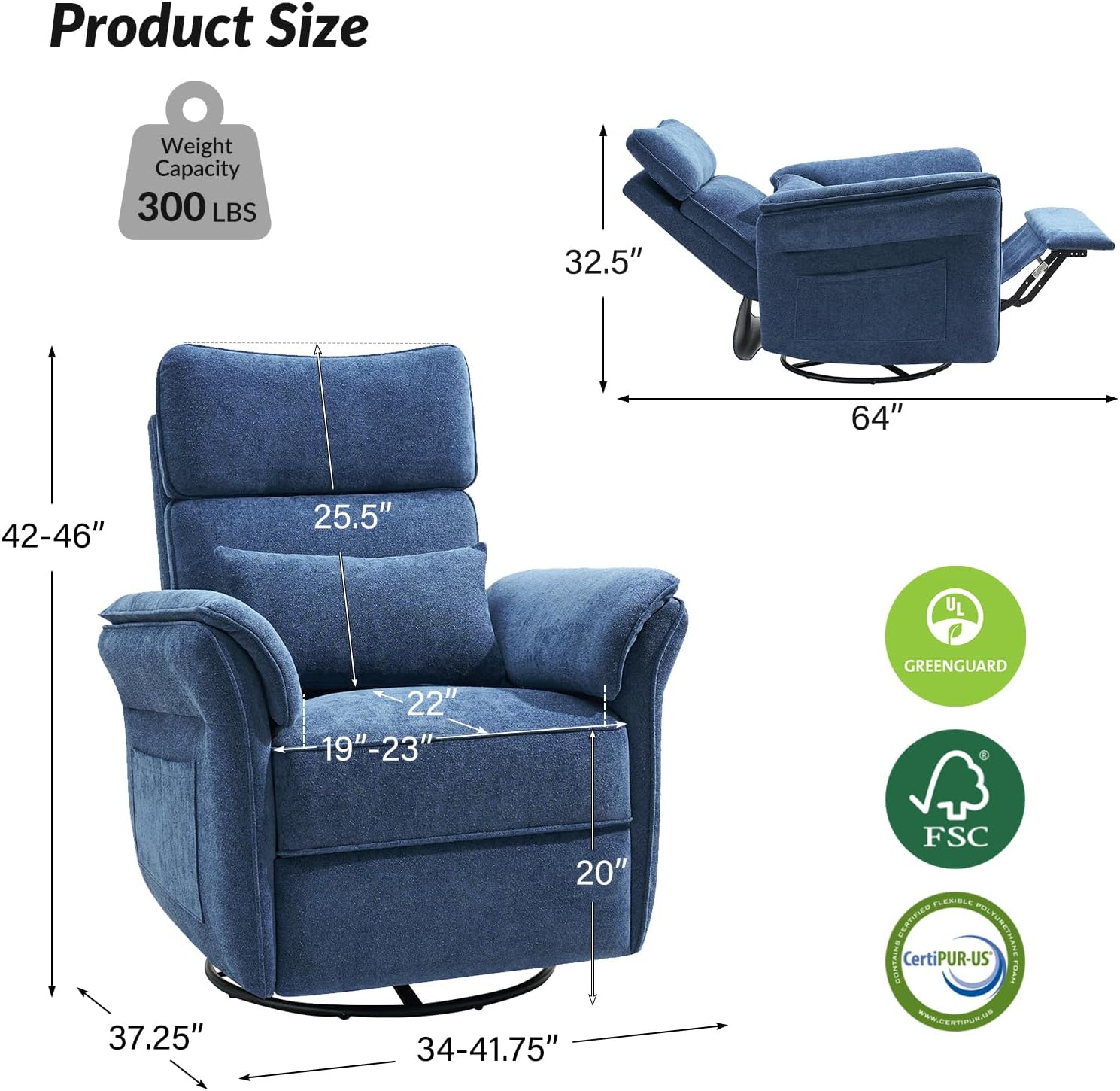 HULALA HOME Nursery Glider Recliner with Adjustable Headrest and Armrests, Power Swivel Rocker Recliner Chair with USB Port and Storage Bags, GREENGARD, FSC, CertiPUR-US® Certified, Navy
