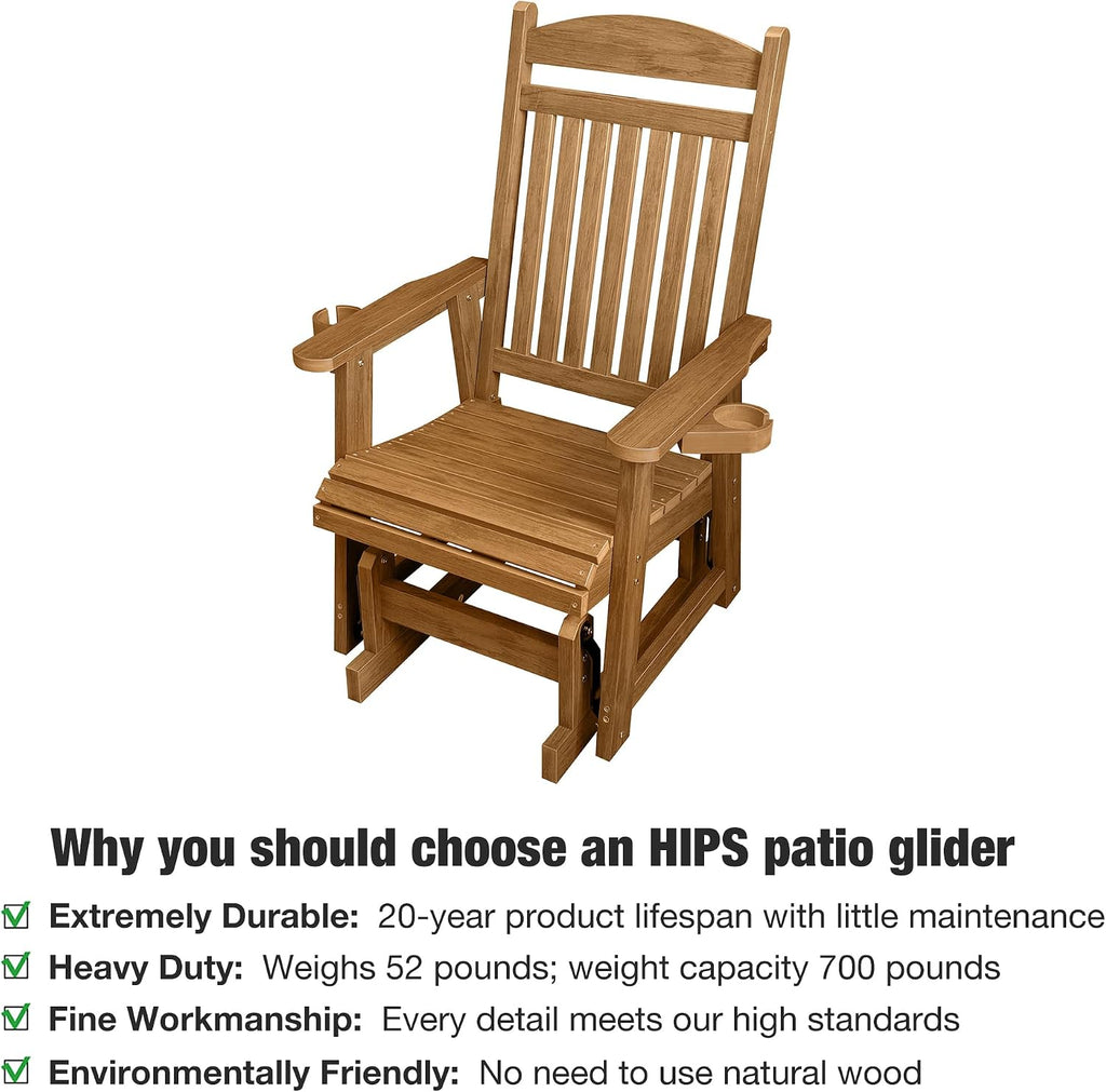 Poly Lumber Patio Glider for One Person, with Cup Holders, High Backrest and Deep Contoured Seat, HIPS Material, All-Weather Resistant, Heavy Duty 700 LBS (Light Brown)