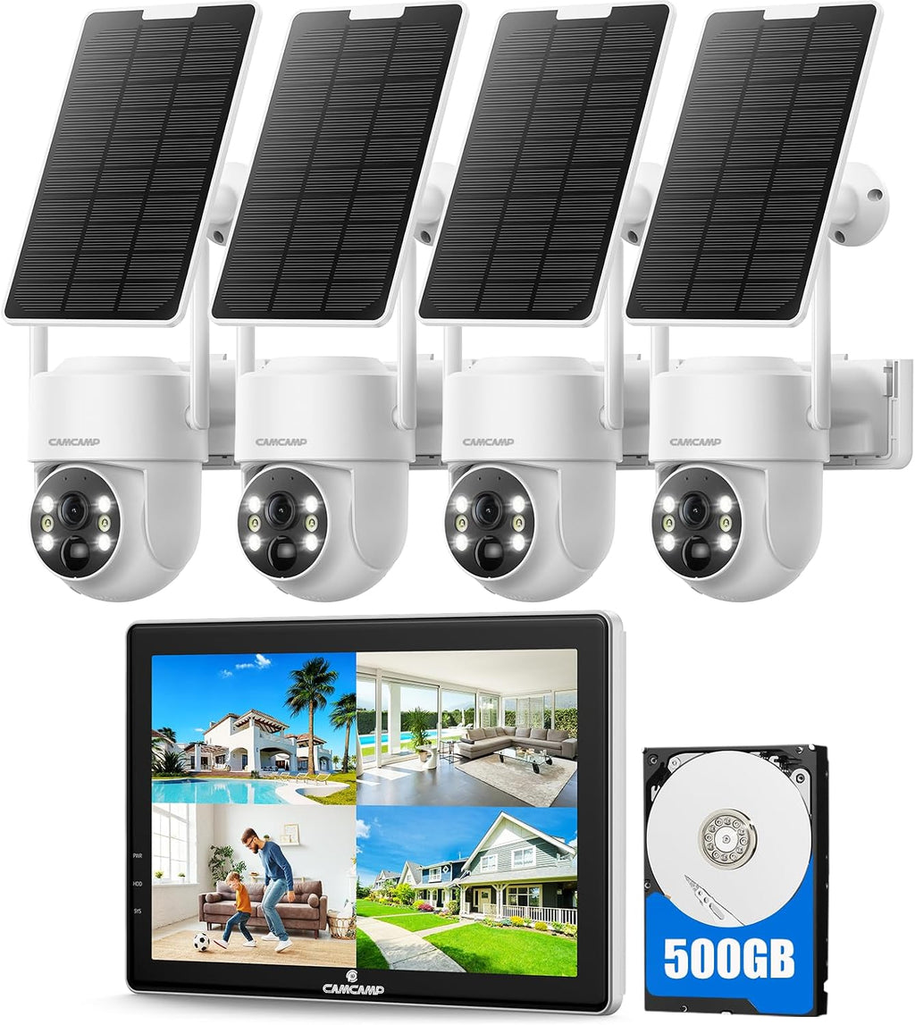 CAMCAMP Solar Security Cameras Wireless Outdoor with 10' Monitor, 10CH NVR 2K Solar Home Security Camera System with 360° Color Night Vision,2-Way Audio,500GB Local Storage,No Monthly Fee,No Need WiFi