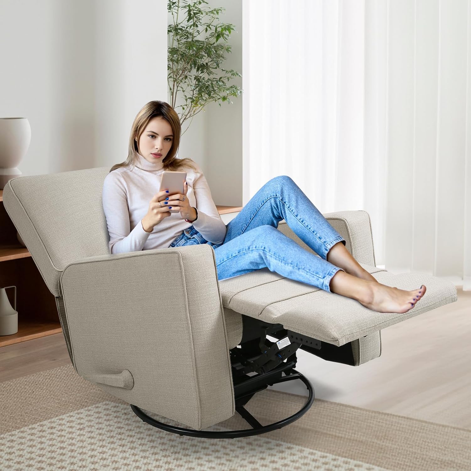Swivel Rocker Recliner Chair for Adults, High Back Fabric Recliner with Deep Seat, Manual Glider for Living Room & Nursery, Beige