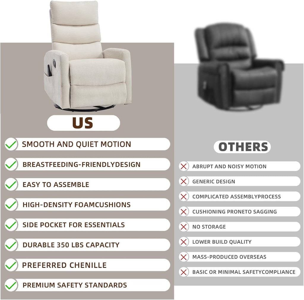 PELUMY 360° Swivel Rocker Recliner with Heat & Vibration Massage, Glider Rocking Chair for Adults, Compact Recliner for Living Room, Small Spaces, Nursery, Bedroom (Chenille, Beige)