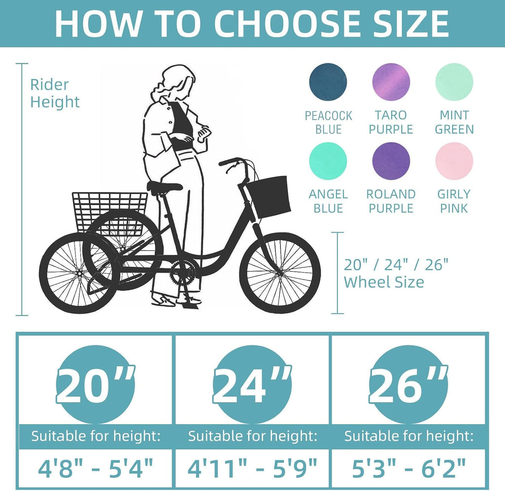 Adult Tricycles for Adults, 7 Speed Adult Trikes, 20/24/26 inch 3 Wheel Bike with Basket, Three-Wheeled Cruiser Bicycles for Women and Men, Without Fenders