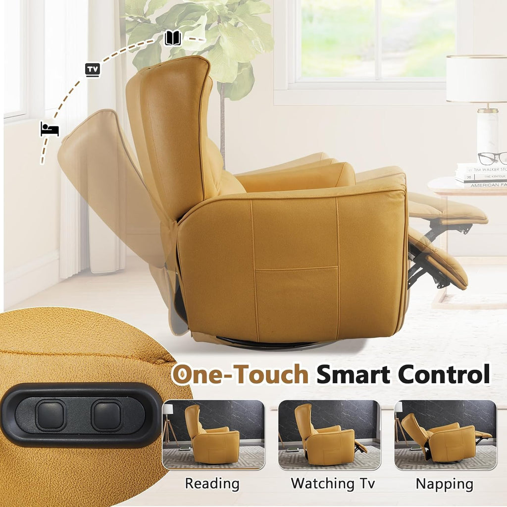 HAOMARKETS Power Swivel Rocker Recliners, Breathable Faux Leather Electric Glider Rocking Recliner Chair for Adults, 270° Swivel Nursery Reclining Sofa with USB Charging Port，Lemon Yellow