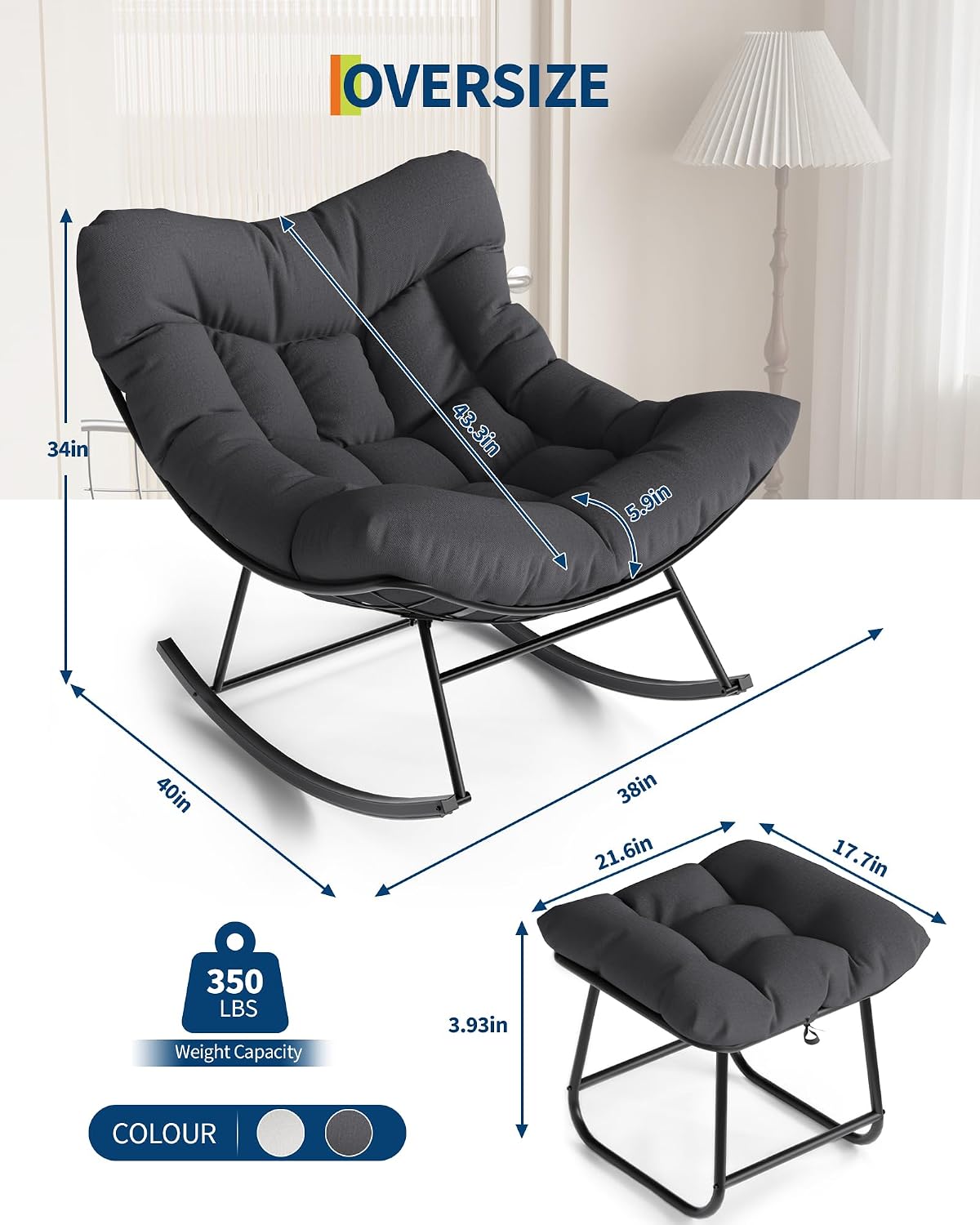 GarveeLife Oversized Papasan Rocking Chair with Footrest, Outdoor Lounge Chair with Ottoman and Sturdy Metal Frame, Patio Rattan Egg Rocker for Balcony Backyard Porch Bedroom, Grey