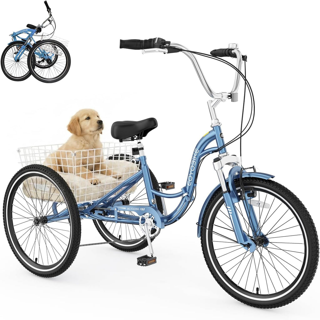 MOPHOTO Adult Folding Tricycle, 7-Speed 3 Wheel Bike for Adults, Seniors, Women & Men, 20/24/26 Inch Low Step-Through Trike with Large Rear Cargo Basket, Adjustable Seat, Space-Saving Cruiser Bicycle