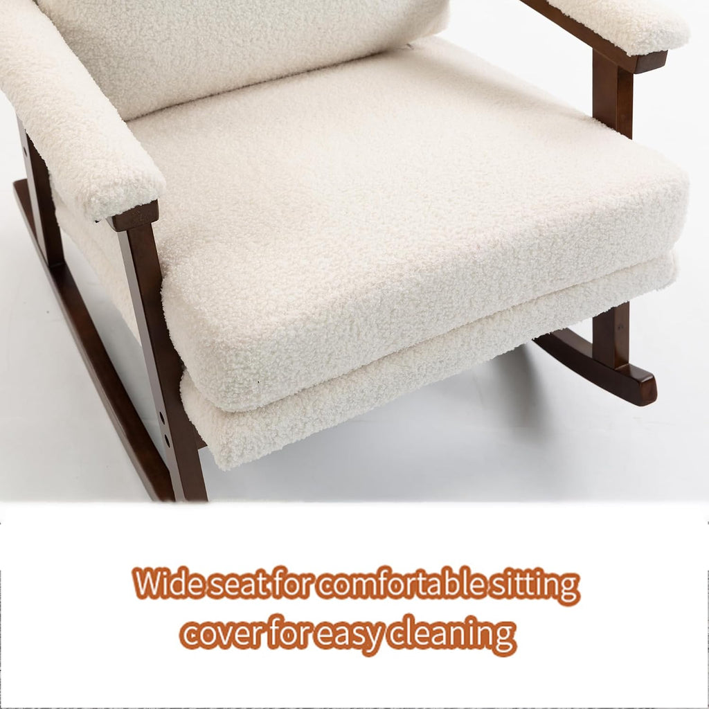 Nursery Rocking Chair Velvet Upholstered Accent Rocker Chair with Backrest Comfy Soft Rocker Glider Solid Rubber Wood Leg for Bedroom Living Room Nursing Room, Antique White