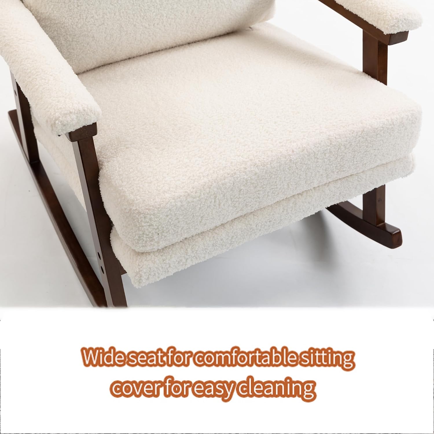 Nursery Rocking Chair Velvet Upholstered Accent Rocker Chair with Backrest Comfy Soft Rocker Glider Solid Rubber Wood Leg for Bedroom Living Room Nursing Room, Antique White
