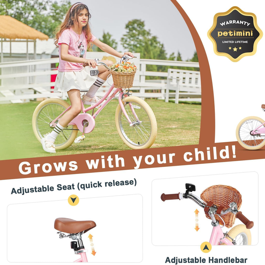 Petimini Vintage Kids Bike for Girls, 12–20 Inch Classic Bicycle with Wicker Basket & Bell, High Tensile Steel Frame, Training Wheels (12–18'), 85% Pre-Assembled, Retro Bike for Outdoor Riding