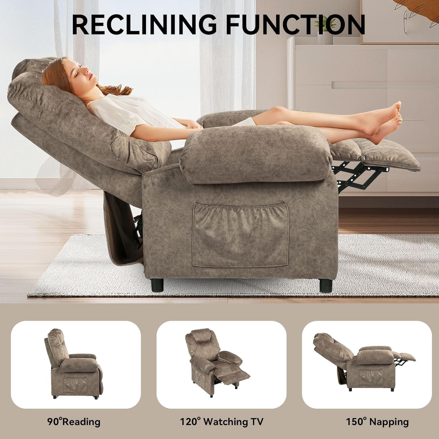 Pushback Massage Recliner Chair with Heat, Fabric Heated Small Massaging Reclining Chair Single Sofa for Adults, Overstuffed Push Back Manual Recliner for Living Room,Brown