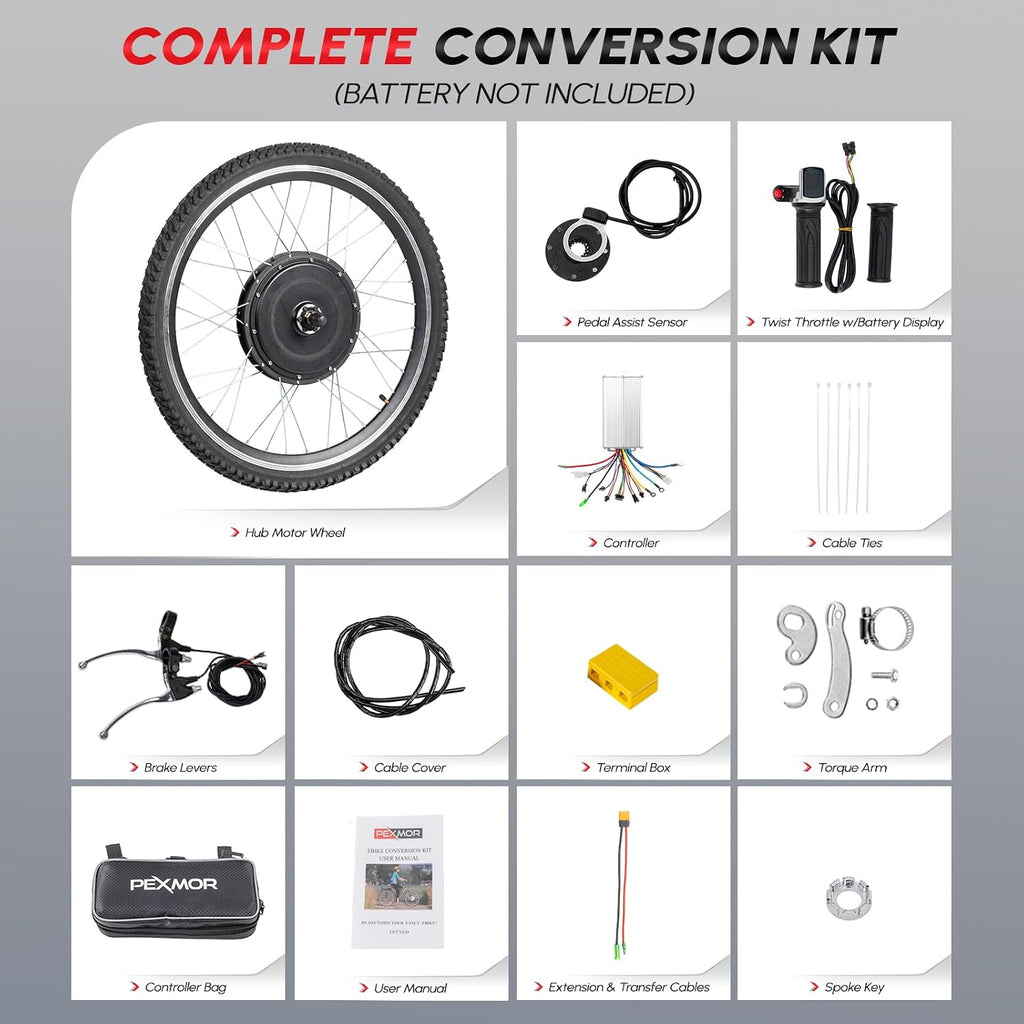 PEXMOR Electric Bike Conversion Kit, 48V 1200W 26' Rear Wheel E-Bike Hub Motor Kit, Upgrade 3 Mode Controller with PAS/Twist Throttle with Battery Indicator Ebike Bicycle Wheel Kit