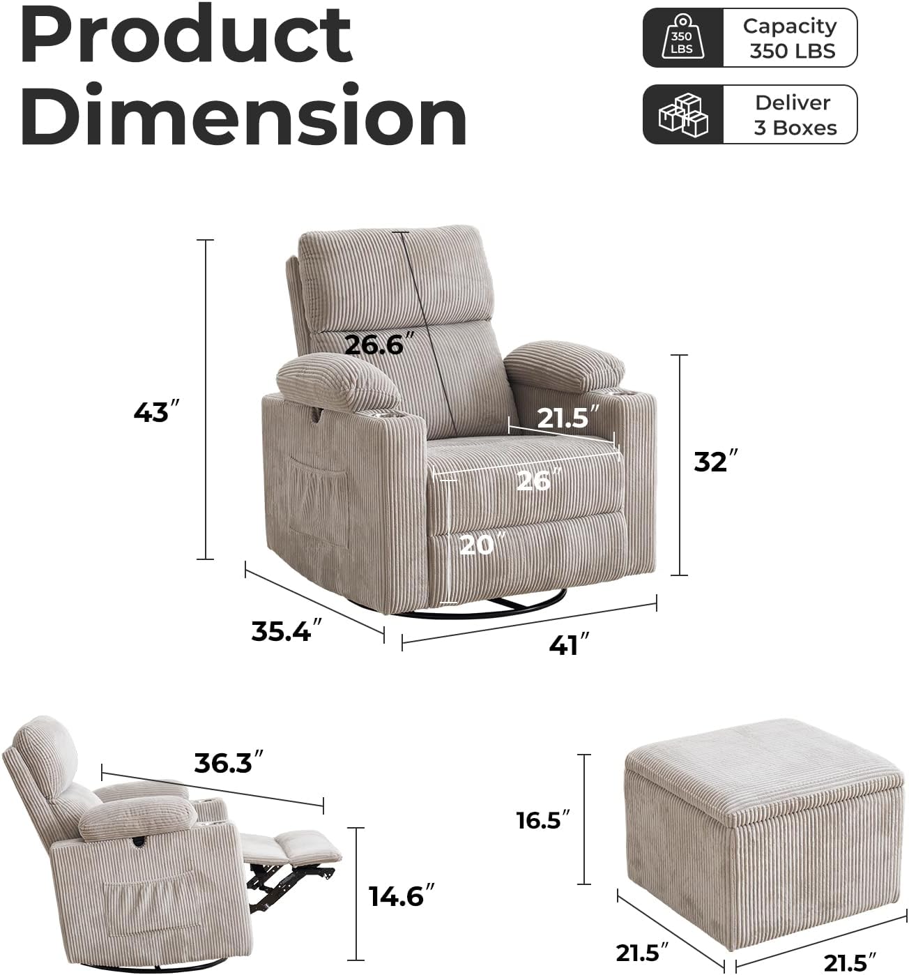 Oversized Power Recliner Chair Swivel Glider with Massage and Heat, Swivel Rocker Recliner with Adjustable Armrests, 26' Wide Nursery Chair with Storage Ottoman, Rocker Nursery Recliner,Corduroy Grey