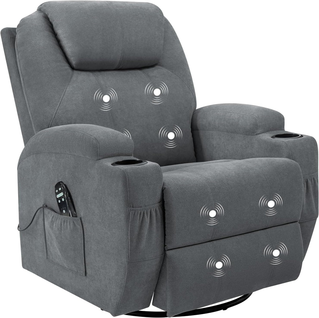 Flamaker Rocking Chair Recliner Chair with Massage Swivel Ergonomic Lounge Chair Classic Single Sofa with 2 Cup Holders Side Pockets Living Room Chair Home Theater Seat (Gray)