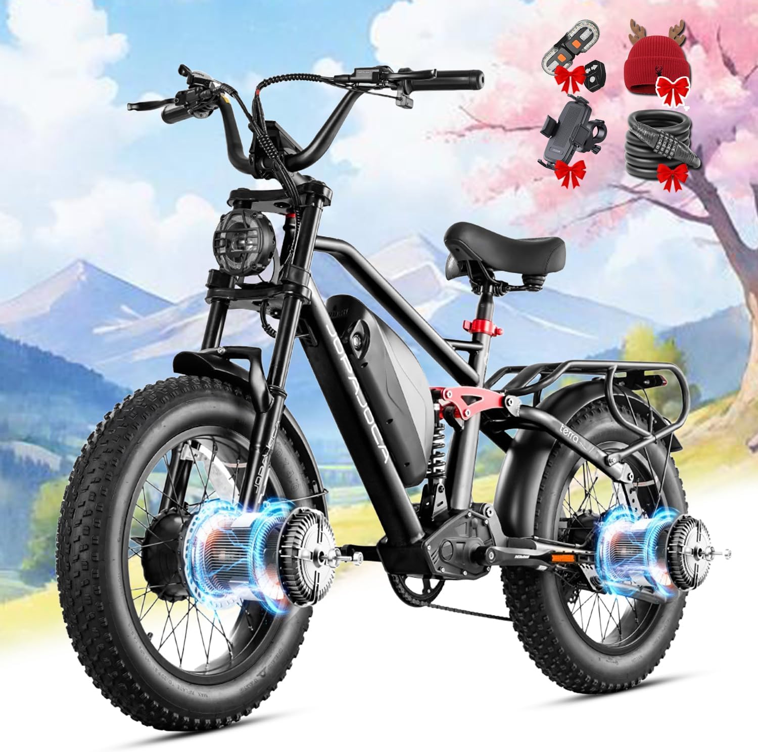 eAhora Terra II Electric Bike - 3000W Peak Dual Motor 33MPH 20Ah Ebike for Adults, 80Miles Long Range 20' Fat Tire Electric Mountain Bike Full Suspension Electric Bicycle with LCD Display