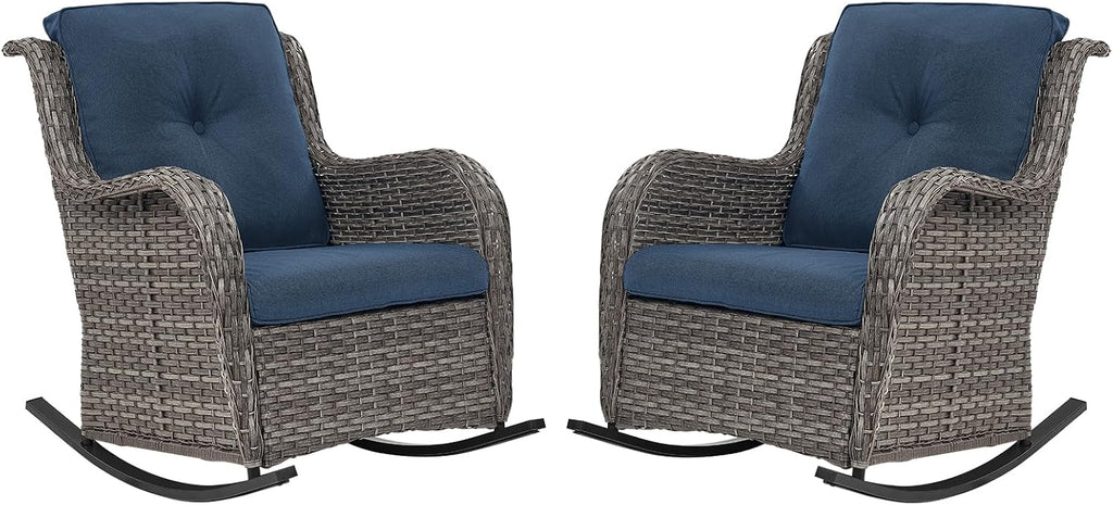 Patio Rocking Chairs Set of 2, Outdoor Gliders Patio Rockers, Wicker Outdoor Rocking Chairs for Porch, Deck, Yard, Sunroom, Garden, Grey Wicker/Blue Cushions