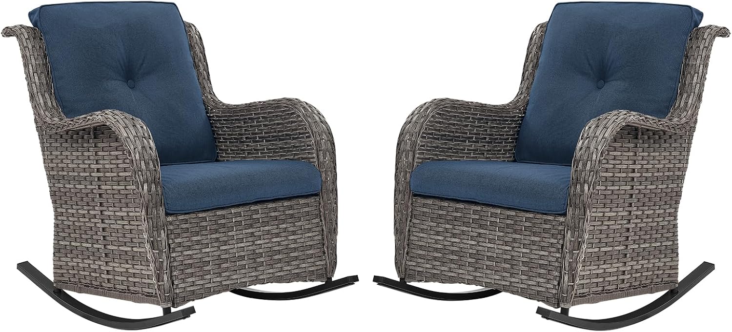 Patio Rocking Chairs Set of 2, Outdoor Gliders Patio Rockers, Wicker Outdoor Rocking Chairs for Porch, Deck, Yard, Sunroom, Garden, Grey Wicker/Blue Cushions