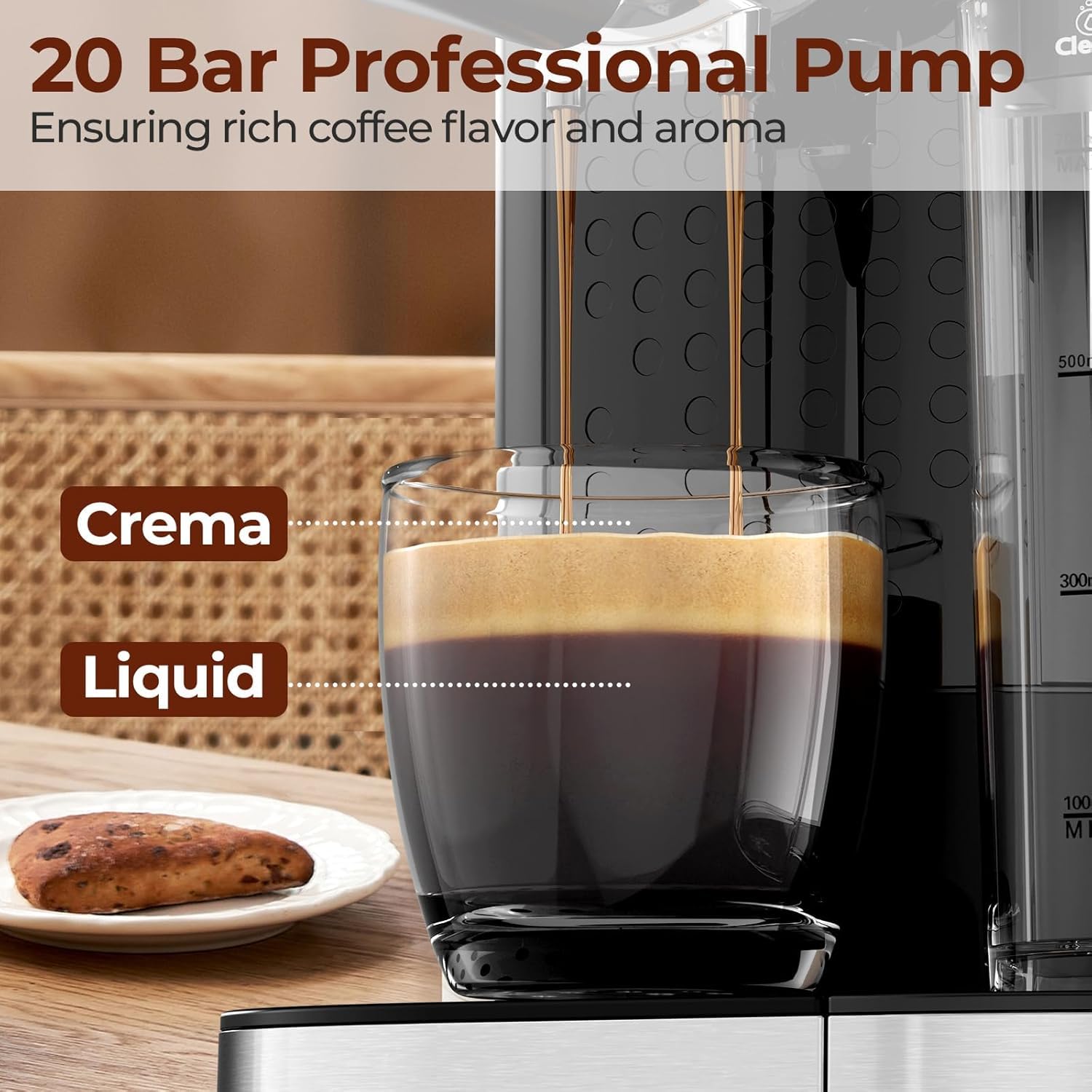 Electactic Espresso Machine 20 Bar, Super Compact Espresso Maker Stainless Steel with Touch Screen, Professional Coffee Machine, Automatic Milk Frother for Cappuccino