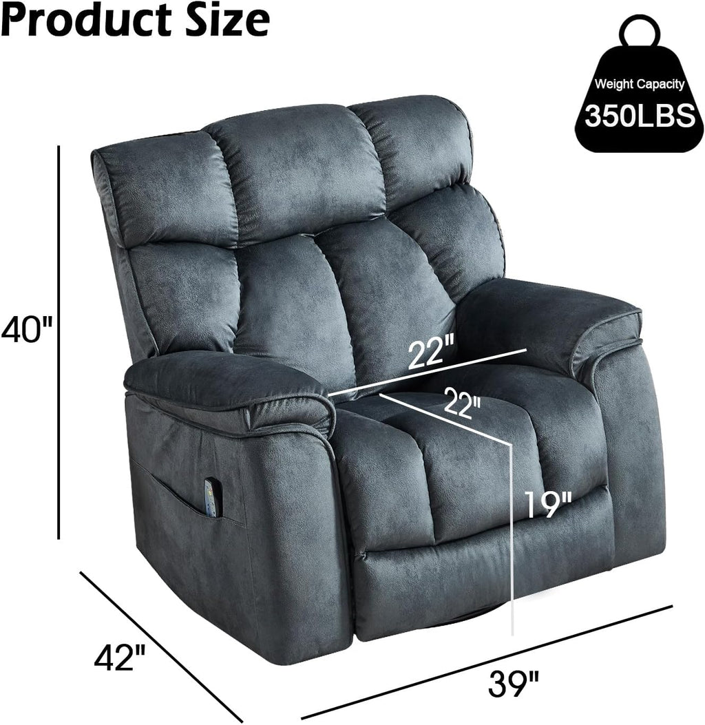 INZOY Oversized Rocker Recliner with Heat and Vibration, Manual Swivel Rocking Recliner Chair with Vibrating Massage, Comfy Padded Overstuffed Soft Fabric Heated Recliner, Grey