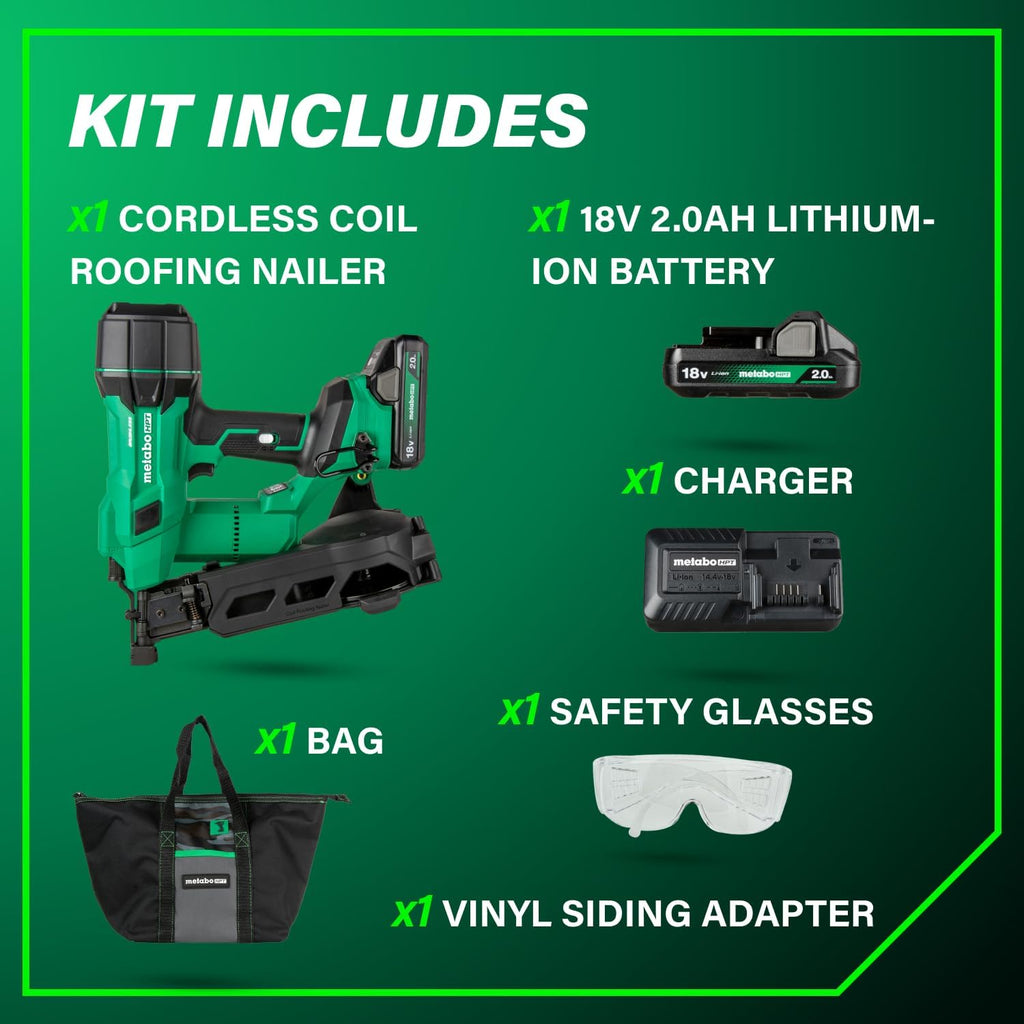 Metabo HPT 18V MultiVolt Brushless Cordless Coil Roofing Nailer Kit, 1-3/4' Coil Roofing Nailer with Power Tool 2.0Ah Lithium Ion Battery, Drives 7/8' to 1-3/4' Nails, NV1845DA