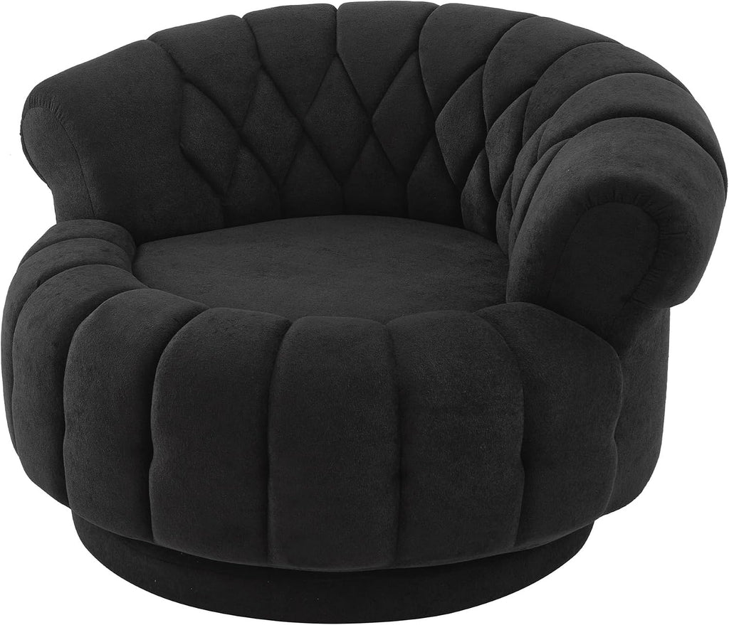 360° Swivel Accent Chair, Chenille Fabric Barrel Swivel Chair Round Club Chair with Curved Armrests & Thick Cushioning, Stylish Channel-Tufted & Diamond-Quilted Backrest for Living Room (Black,02)
