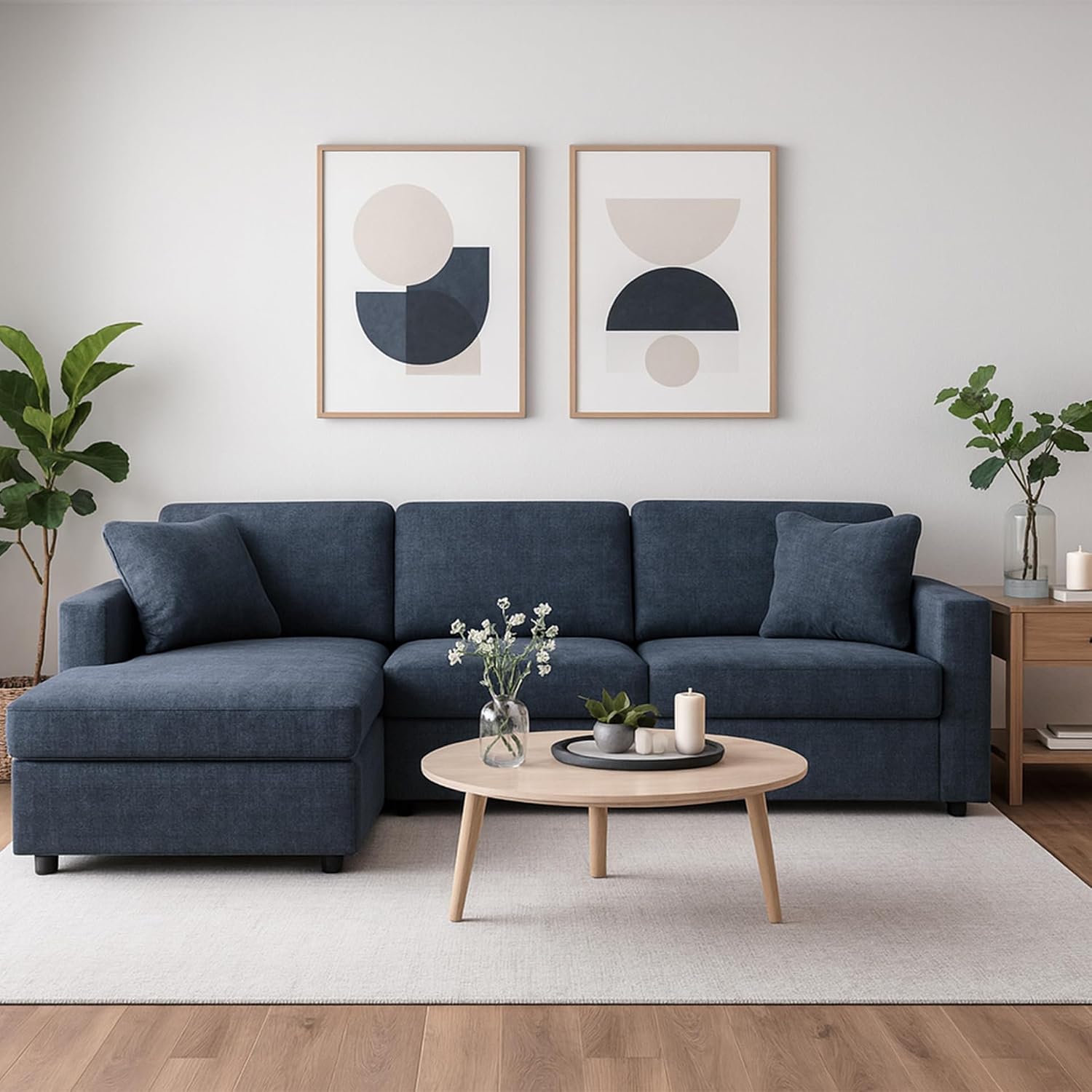 Signature Design by Ashley Modmax Contemporary L-Shaped Left-Arm Facing Modular Stain Resistant 3-Piece Sectional with Chaise, Reversible Cushions and 2 Accent Pillows, Blue