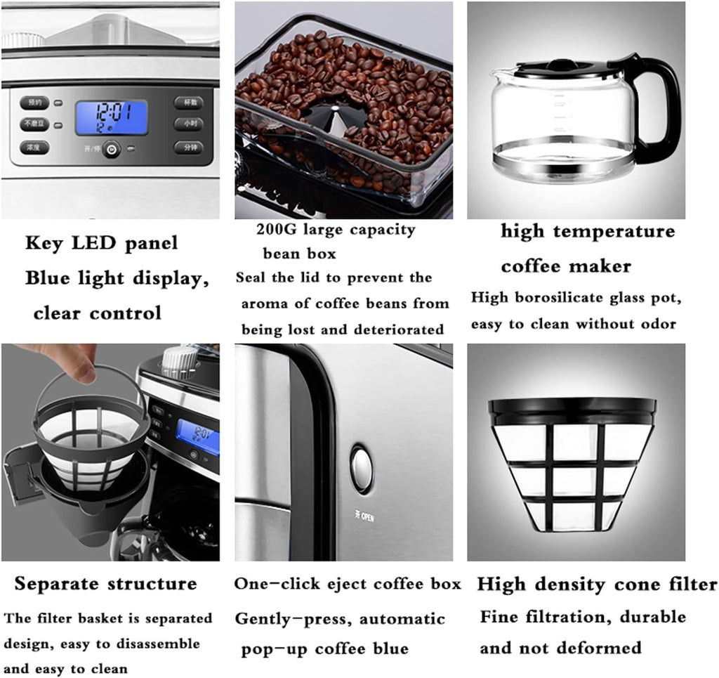 Coffee Machine Fully Automatic Espresso Machine Household Grinder Coffee Machine, Bean Powder Coffee Machine, Drip Coffee Maker, 1500Ml Large Capacity, 24H Appointment