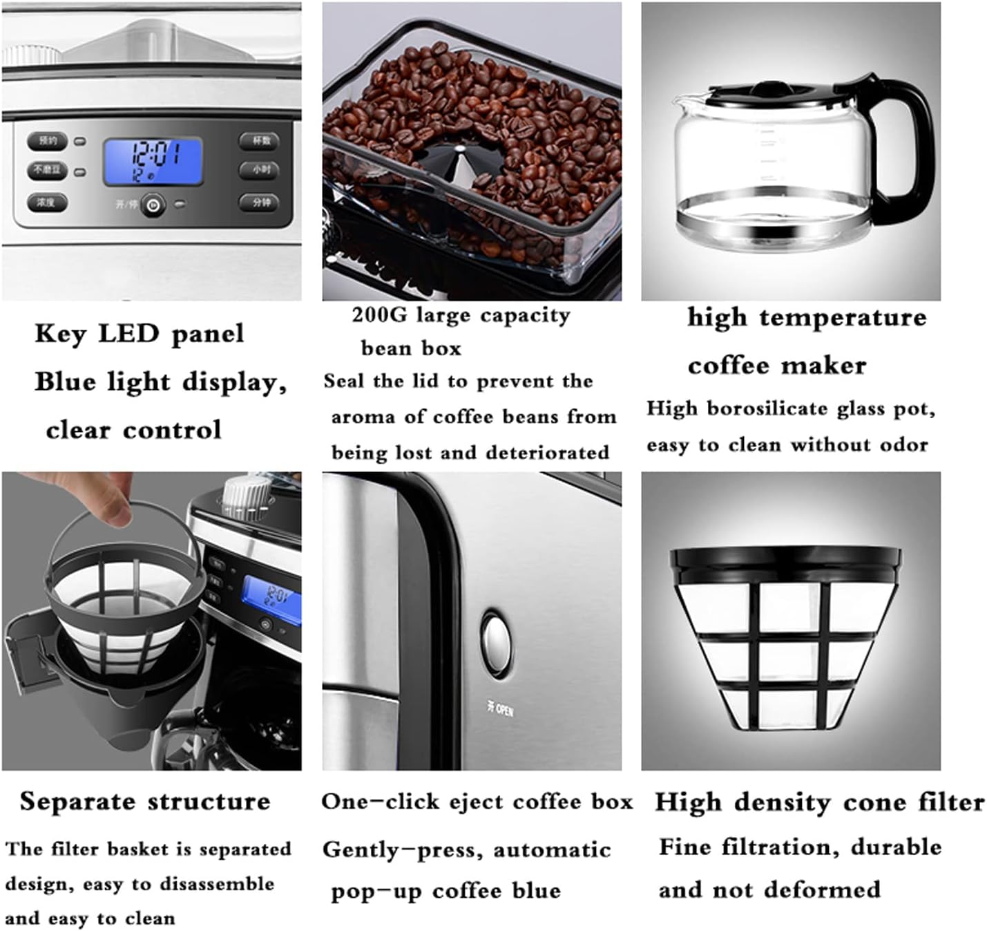 Coffee Machine Fully Automatic Espresso Machine Household Grinder Coffee Machine, Bean Powder Coffee Machine, Drip Coffee Maker, 1500Ml Large Capacity, 24H Appointment