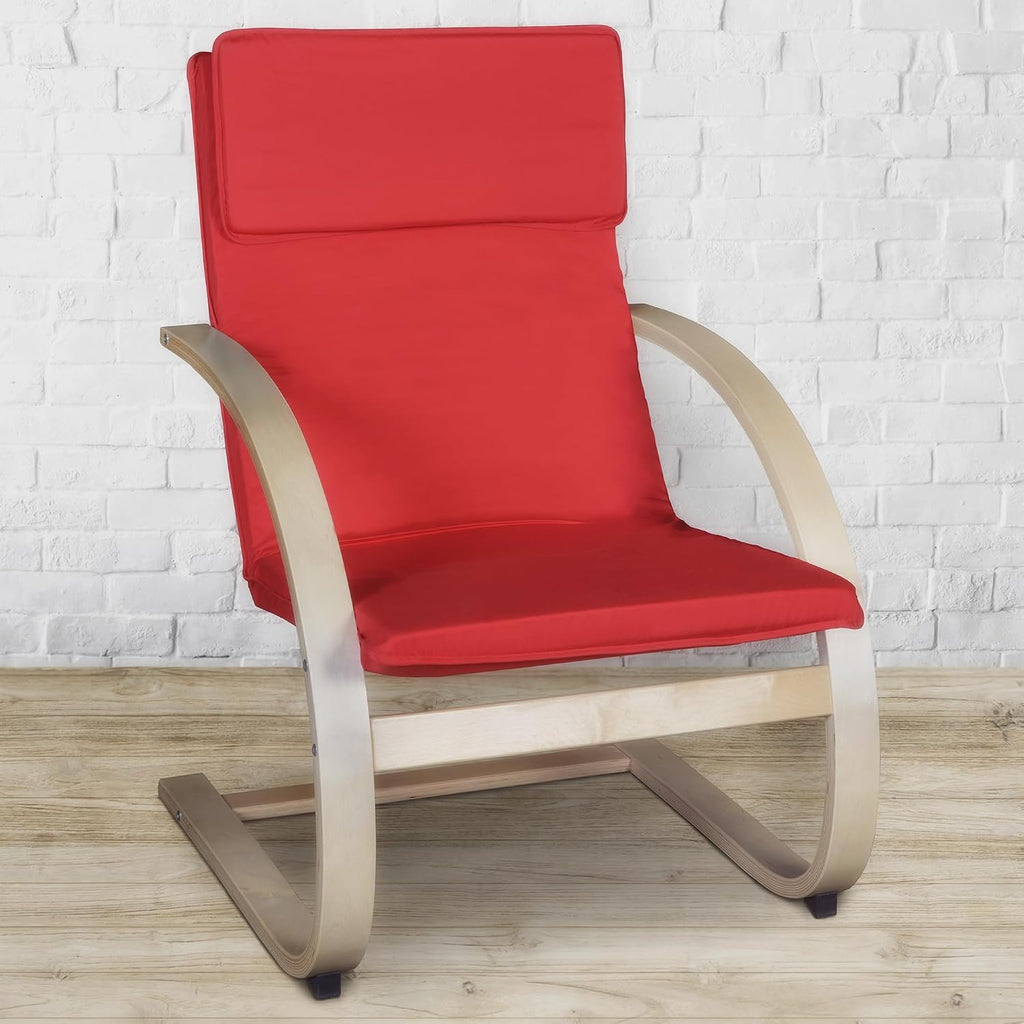 Niche Mia Bentwood Reclining Rocking Chair – Lightweight, Ergonomic & Durable with Washable Cotton Cover, Sturdy Cantilever Frame for Home, Office & Nursery (Natural/Red)